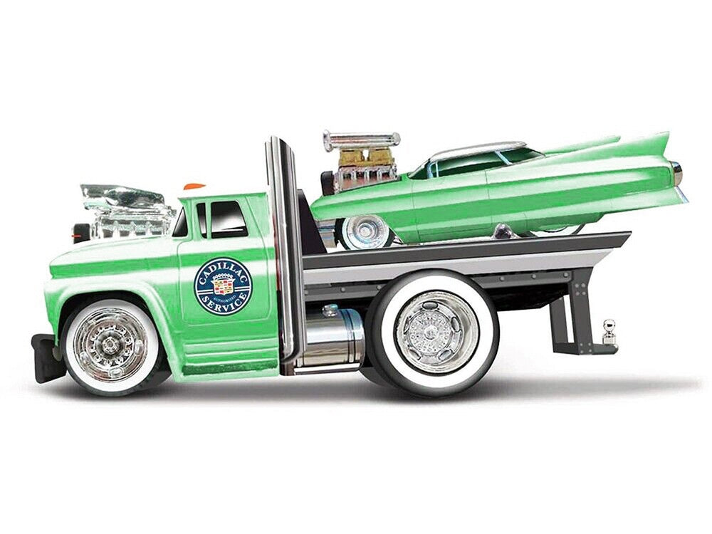 1966 Chevrolet C60 Flatbed Truck Green Metallic with White Top "Cadillac Service" and 1961 Cadillac Coupe Green Metallic with White Top "Muscle Transports" Series 1/64 Diecast Models by Muscle Machines Muscle Machines