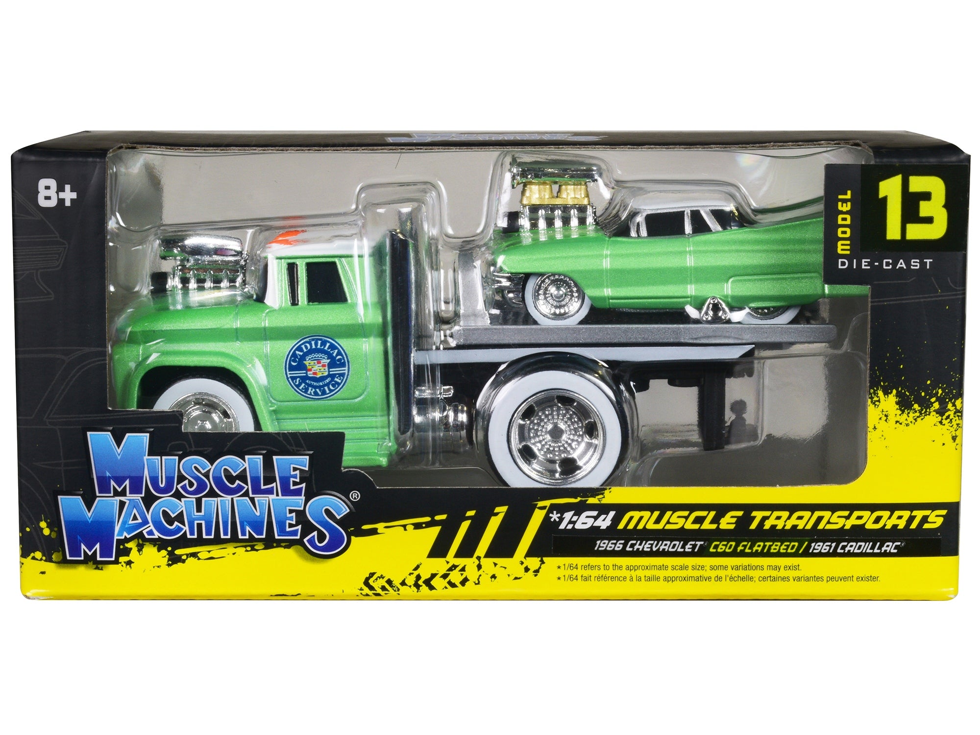 1966 Chevrolet C60 Flatbed Truck Green Metallic with White Top "Cadillac Service" and 1961 Cadillac Coupe Green Metallic with White Top "Muscle Transports" Series 1/64 Diecast Models by Muscle Machines Muscle Machines