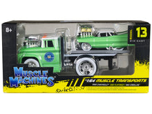 Load image into Gallery viewer, 1966 Chevrolet C60 Flatbed Truck Green Metallic with White Top &quot;Cadillac Service&quot; and 1961 Cadillac Coupe Green Metallic with White Top &quot;Muscle Transports&quot; Series 1/64 Diecast Models by Muscle Machines Muscle Machines
