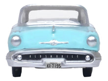 Load image into Gallery viewer, 1957 Oldsmobile 88 Convertible (Top-Up) Banff Blue and Alcan White with White 1/87 (HO) Scale Diecast Model Car by Oxford Diecast Oxford Diecast
