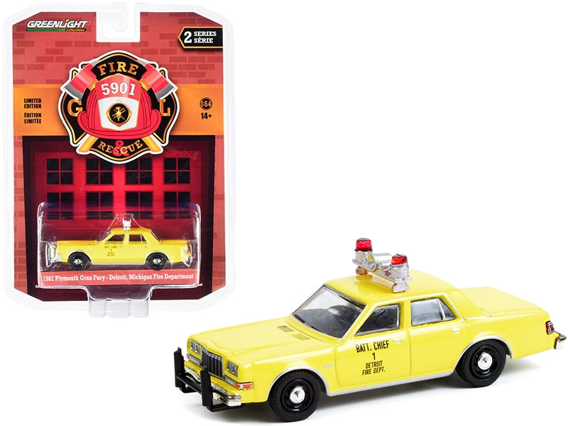 1982 Plymouth Gran Fury Yellow "Detroit Fire Department Battalion Chief #1" (Michigan) "Fire & Rescue" Series 2 1/64 Diecast Model Car by Greenlight Greenlight