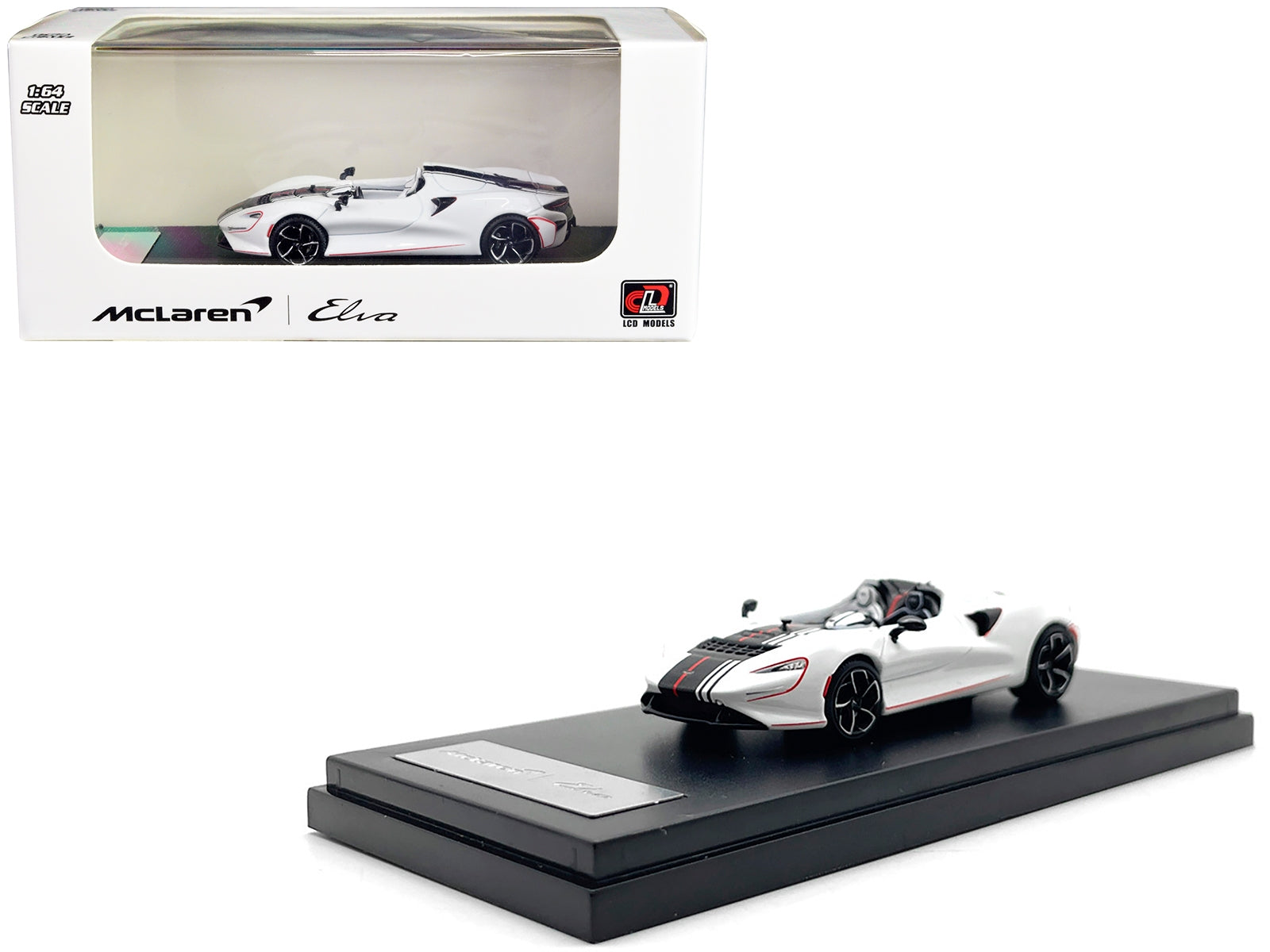 McLaren Elva Convertible White with Carbon and Red Stripes 1/64 Diecast Model Car by LCD Models LCD Models