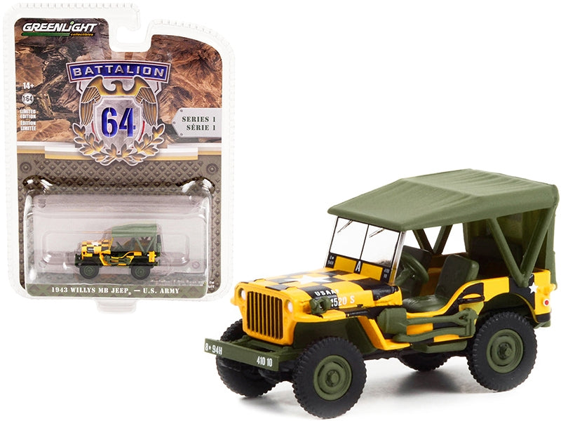 1943 Willys MB Jeep Yellow and Black with Green Top "Follow Me" U.S. Army "Battalion 64" Release 1 1/64 Diecast Model Car by Greenlight Greenlight