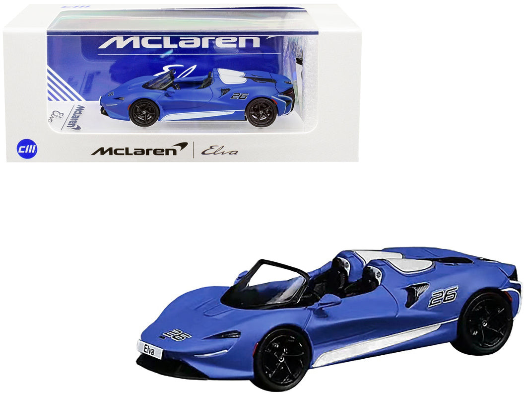 McLaren Elva Convertible #26 Matt Blue with White Stripes and Extra Wheels 1/64 Diecast Model Car by CM Models CM Models