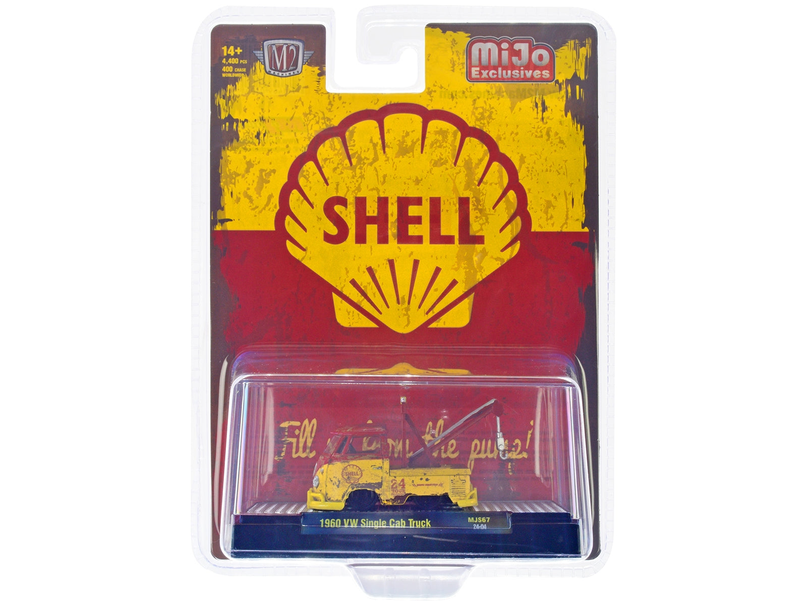 1960 Volkswagen Single Cab Tow Truck Yellow and Red (Weathered) "Shell Oil" Limited Edition to 4400 pieces Worldwide 1/64 Diecast Model by M2 Machines M2