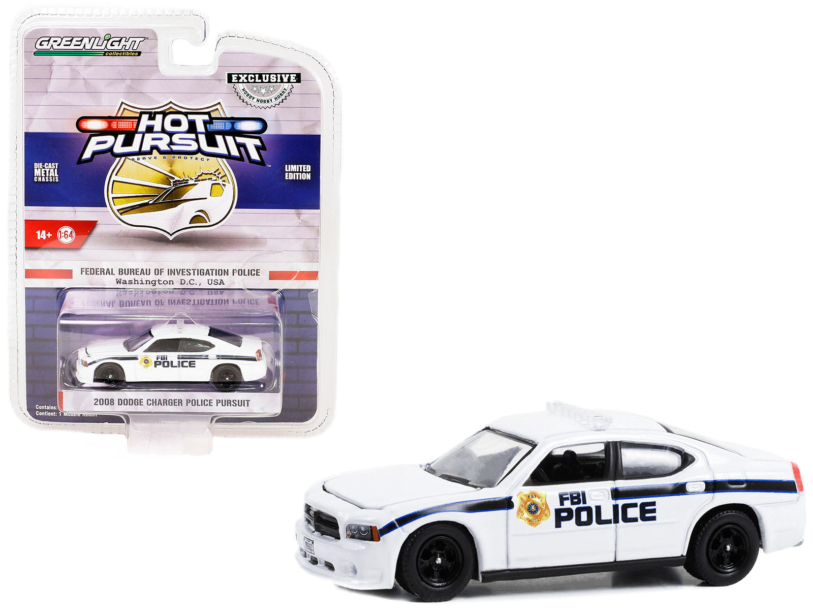 2008 Dodge Charger Police Pursuit White "FBI Police (Federal Bureau of Investigation Police)" "Hot Pursuit" Special Edition 1/64 Diecast Model Car by Greenlight Greenlight