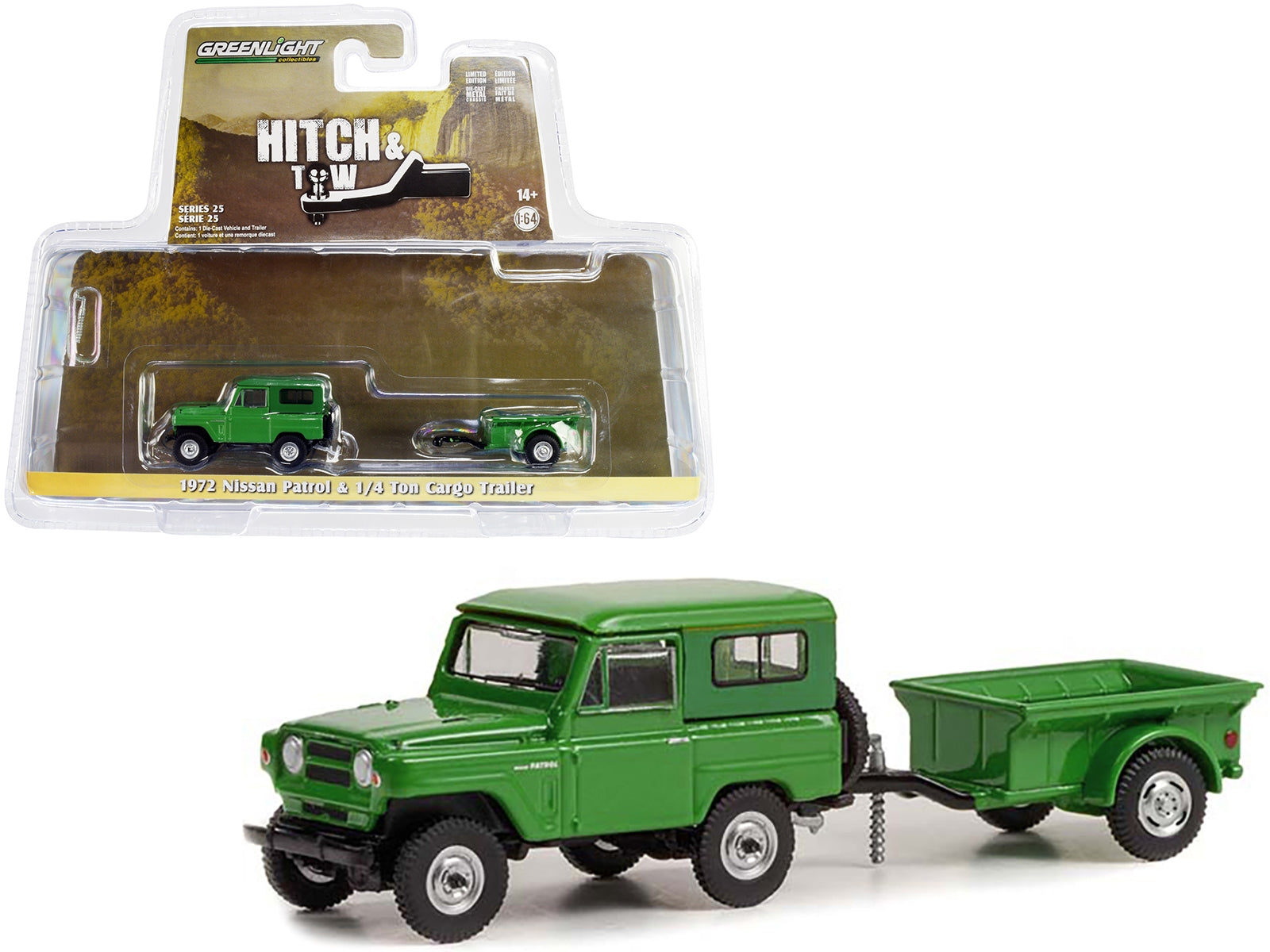 1972 Nissan Patrol Green with 1/4 Ton Cargo Trailer "Hitch & Tow" Series 25 1/64 Diecast Model Car by Greenlight Greenlight