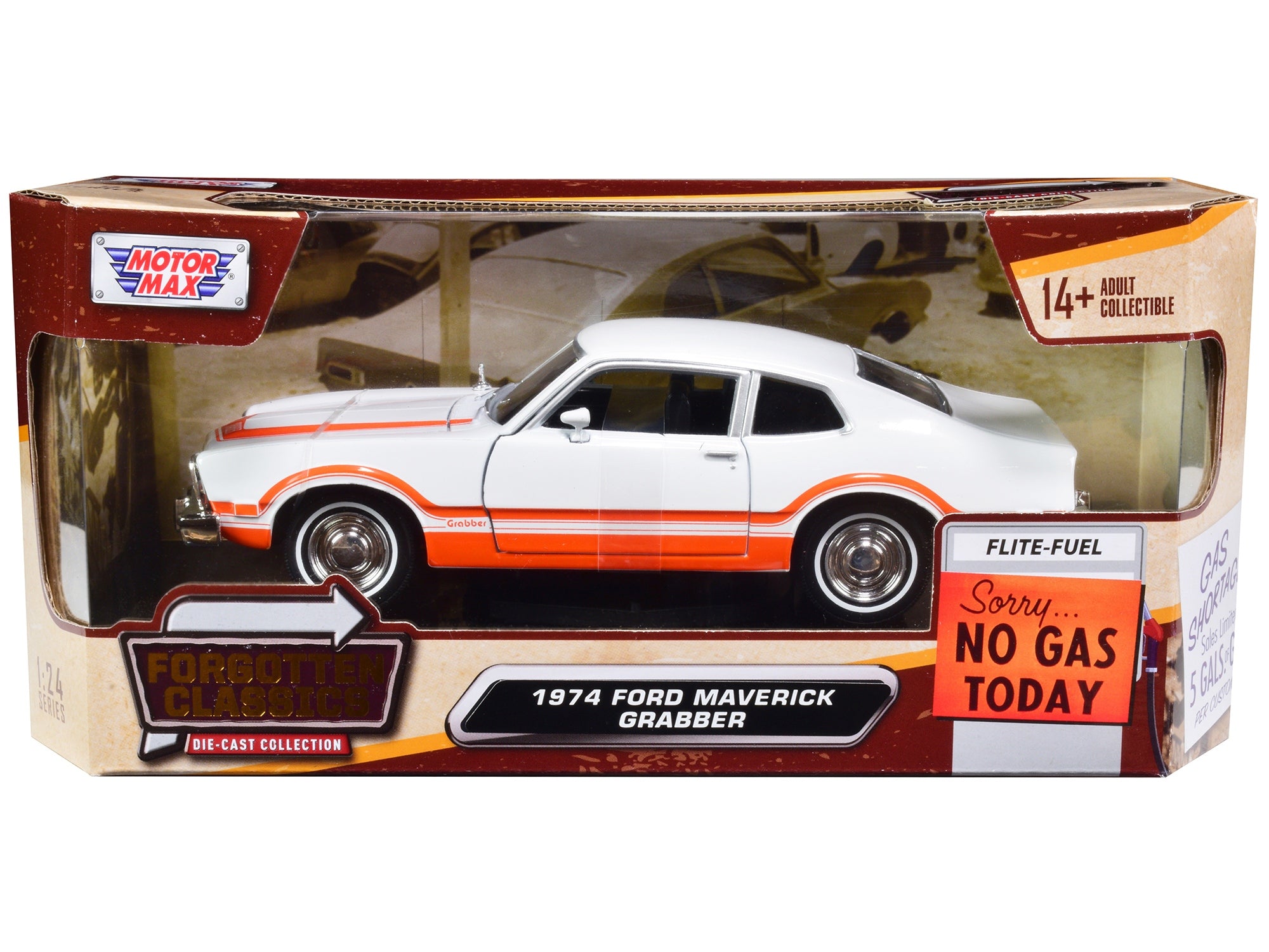 1974 Ford Maverick Grabber White with Orange Stripes "Forgotten Classics" Series 1/24 Diecast Model Car by Motormax Motormax