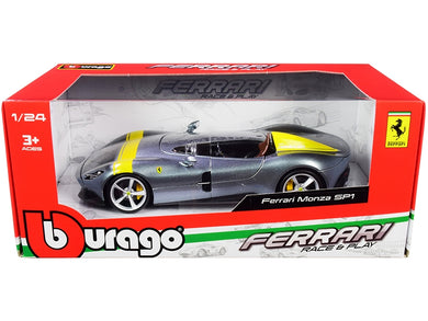 Ferrari Monza SP1 Silver Metallic with Yellow Stripes 1/24 Diecast Model Car by Bburago Bburago