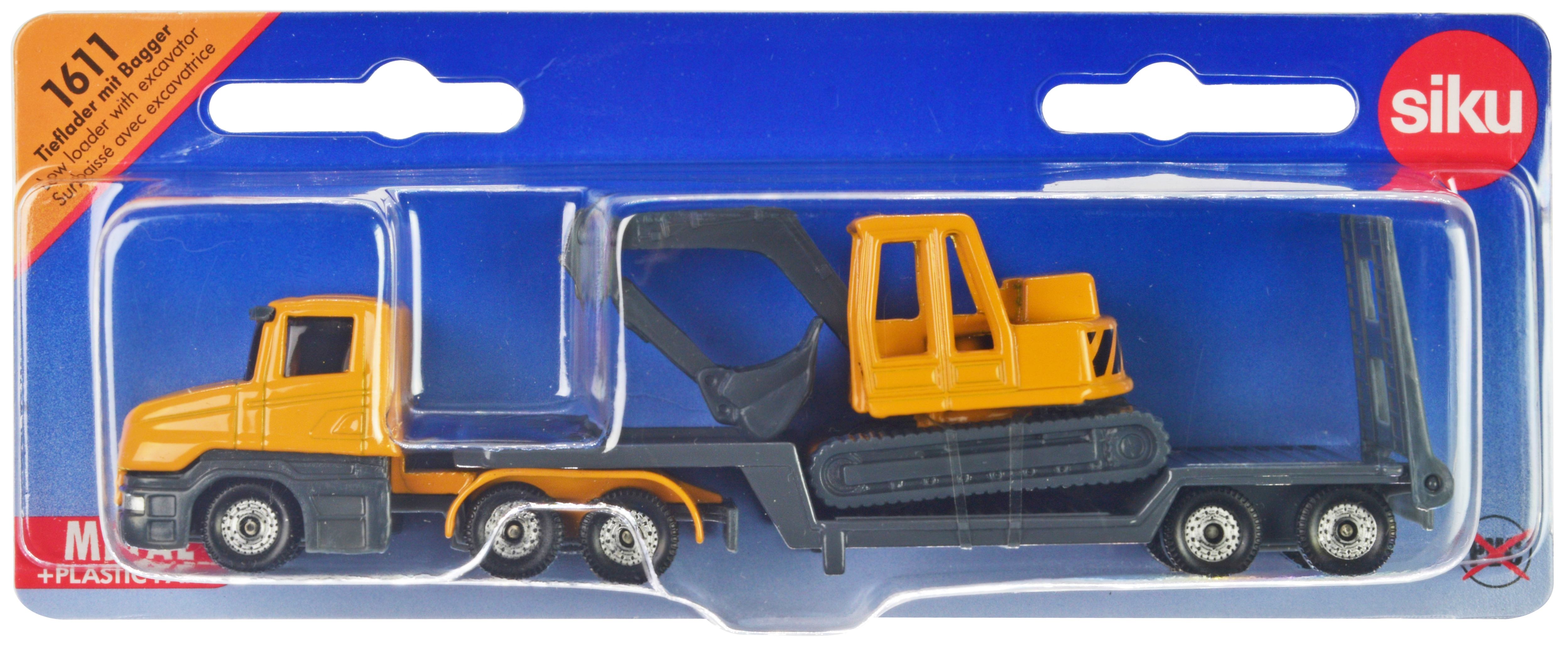 Truck with Low Loader Trailer and Excavator Yellow Diecast Model by Siku SIKU