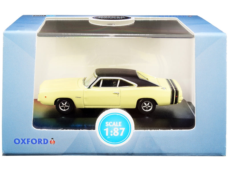 1968 Dodge Charger Light Yellow with Black Top and Black Stripes 1/87 (HO) Scale Diecast Model Car by Oxford Diecast Oxford Diecast