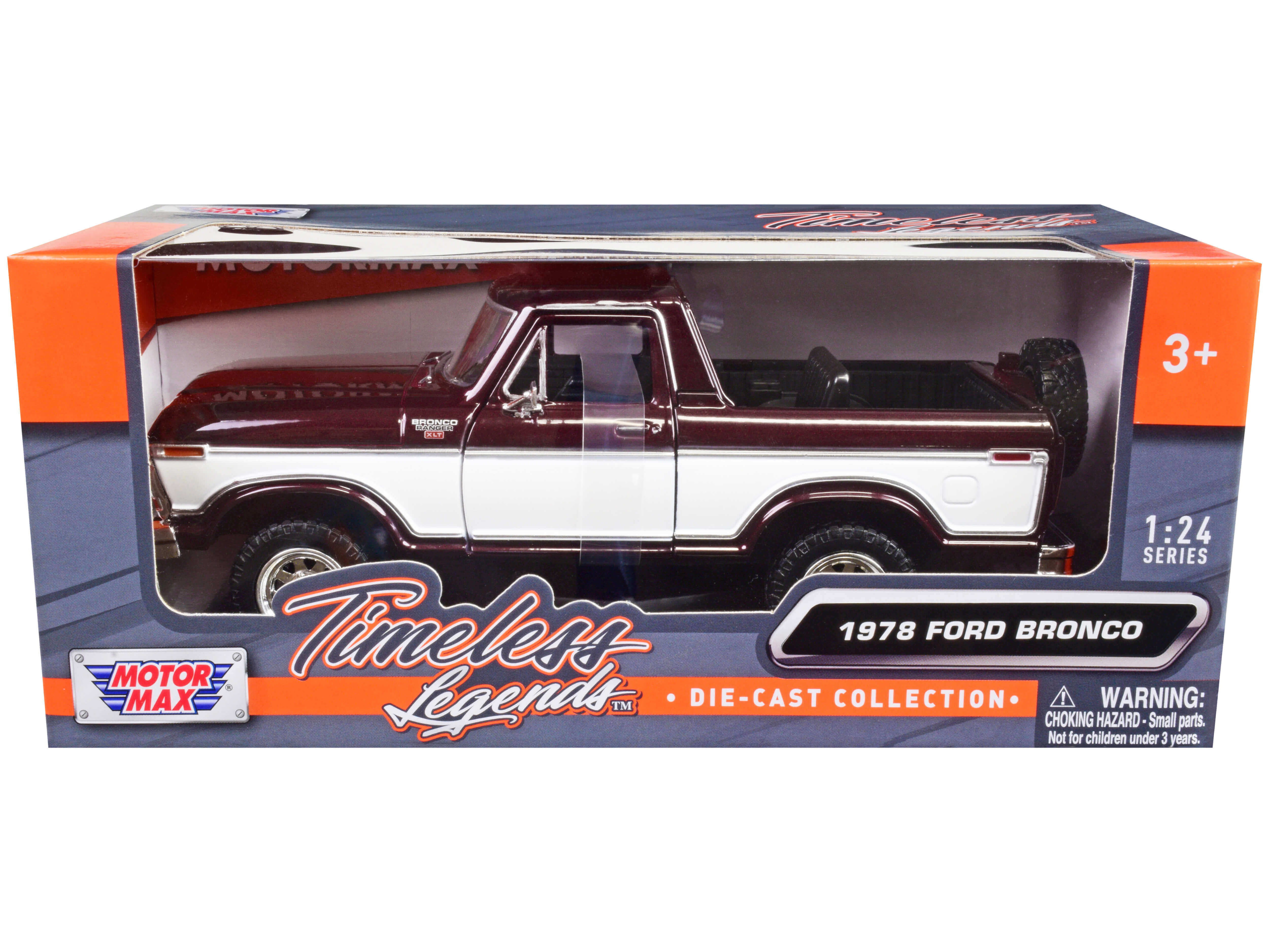 1978 Ford Bronco Ranger XLT (Open Top) with Spare Tire Burgundy Metallic and White "Timeless Legends" Series 1/24 Diecast Model Car by Motormax Motormax