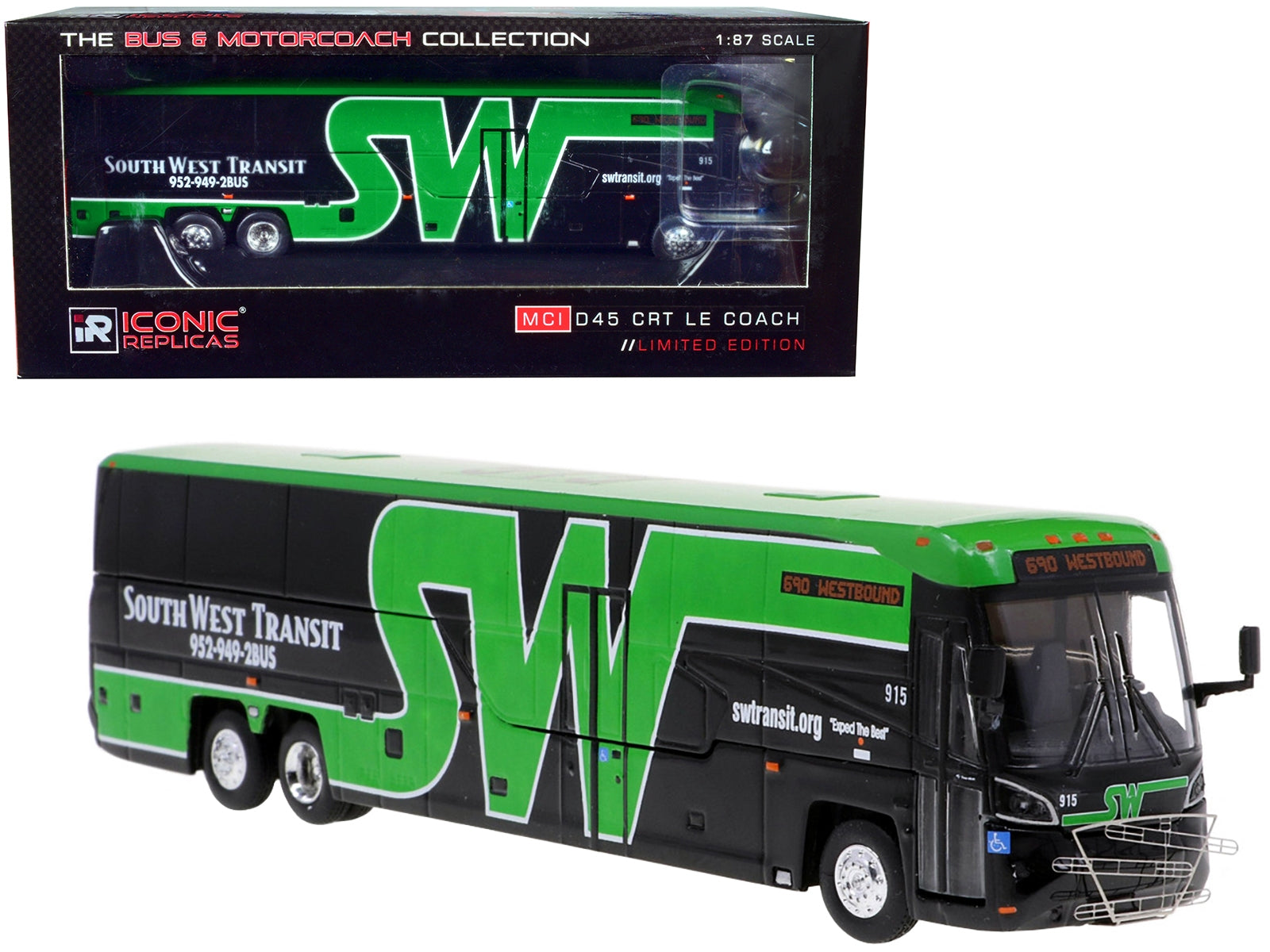 MCI D45 CRT LE Coach Bus South West Transit "690 Westbound" "The Bus & Motorcoach Collection" 1/87 Diecast Model by Iconic Replicas Iconic Replicas