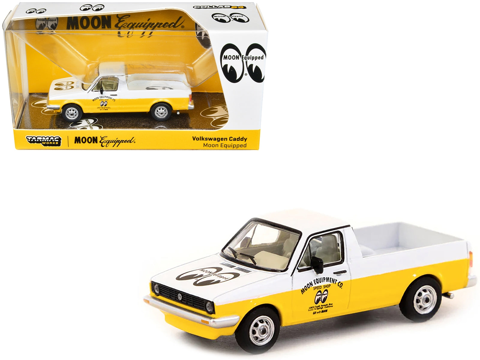 Volkswagen Caddy Pickup Truck White and Yellow "Moon Equipment Co. - Mooneyes" "Collab64" Series 1/64 Diecast Model Car by Schuco & Tarmac Works Schuco