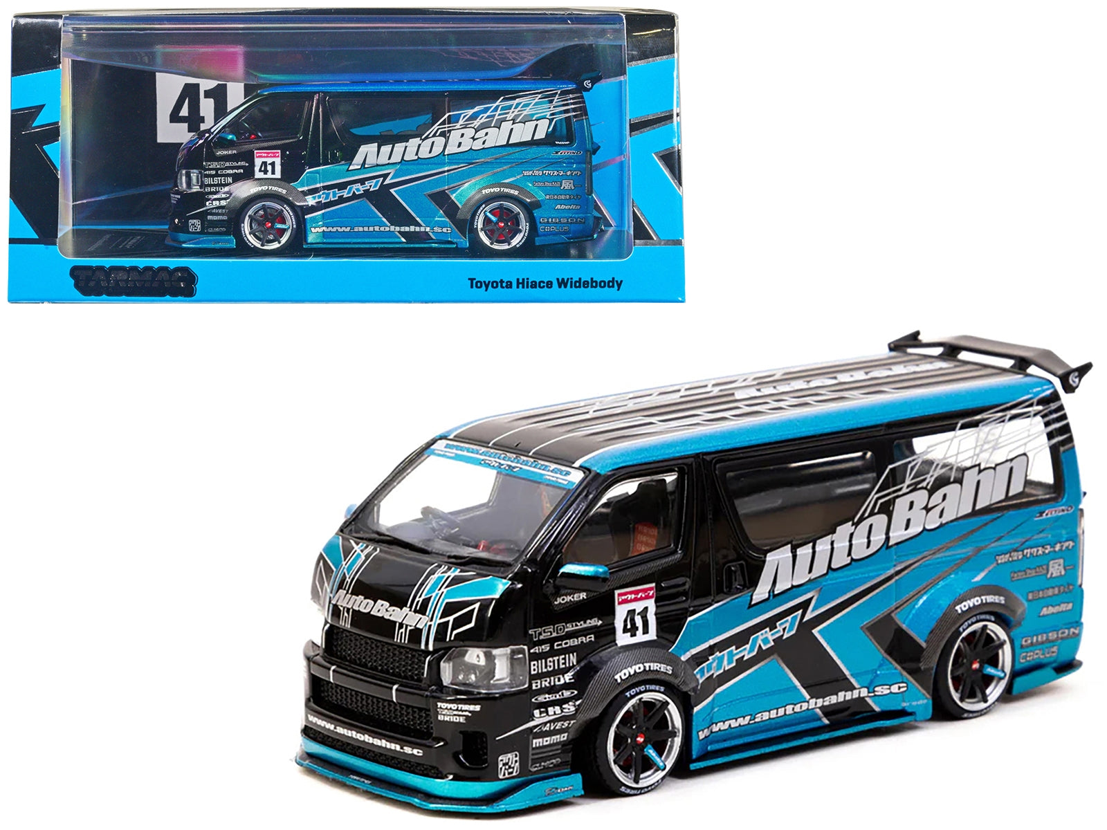 Toyota Hiace Widebody Van RHD (Right Hand Drive) "AutoBahn" Blue Metallic and Black with Graphics "Hobby43" Series 1/43 Diecast Model Car by Tarmac Works Tarmac Works