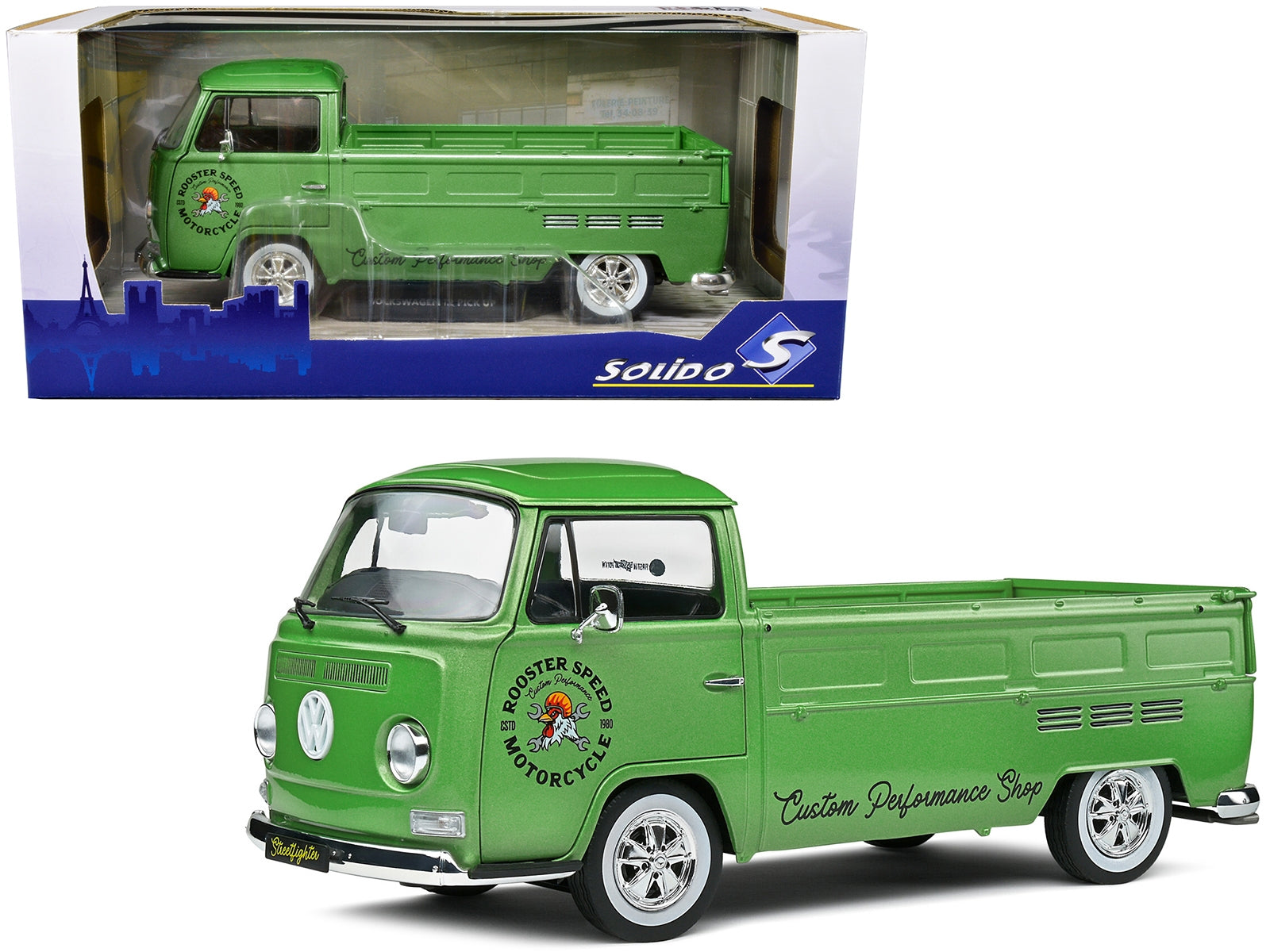 1968 Volkswagen T2 Pickup Truck Green Metallic "Rooster Speed Motorcycle" 1/18 Diecast Model Car by Solido Solido