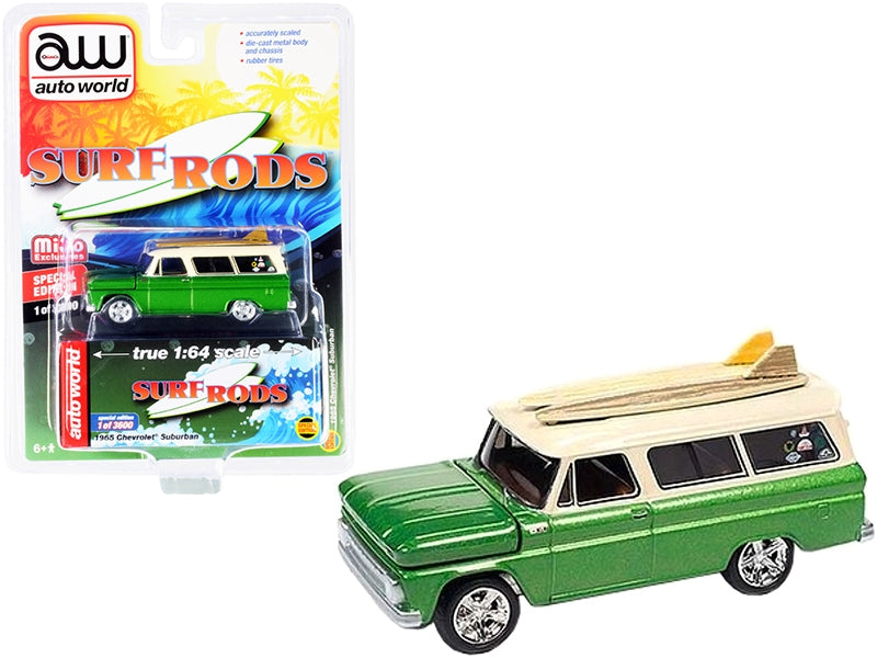 1965 Chevrolet Suburban Green Metallic and Cream with Two Surfboards "Surf Rods" Limited Edition to 3600 pieces Worldwide 1/64 Diecast Model Car by Auto World Autoworld