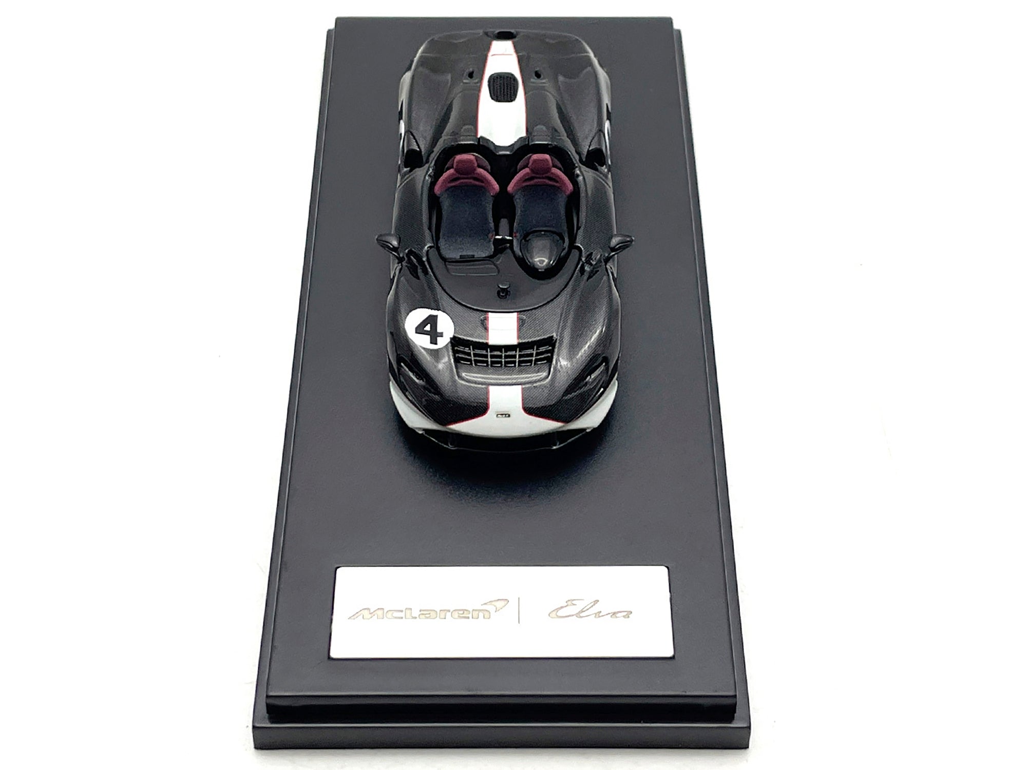 McLaren Elva Convertible #4 Carbon Black with White and Red Stripes 1/64 Diecast Model Car by LCD Models LCD Models