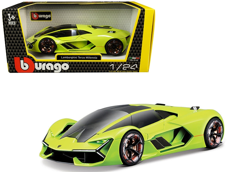 Lamborghini Terzo Millennio Lime Green with Black Top and Carbon Accents 1/24 Diecast Model Car by Bburago Bburago