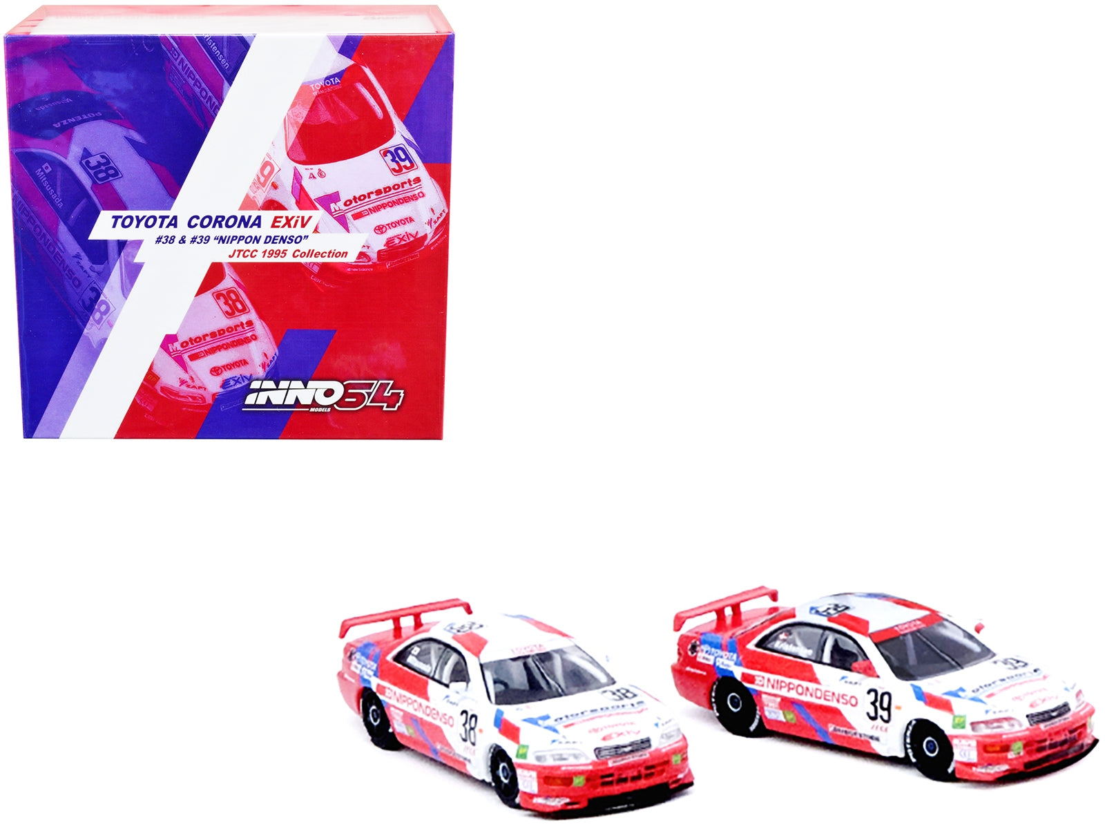 Toyota Corona EXiV #38 Hidetoshi Mitsusada and Toyota Corona EXiV #39 Tom Kristensen RHD (Right Hand Drive) "Nippon Denso" Japanese Touring Car Championship (1995) 2 piece Box Set Collection 1/64 Diecast Model Cars by Inno Models Inno Models