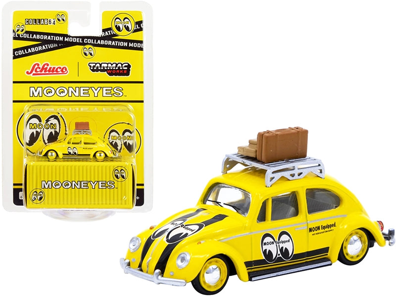 Volkswagen Beetle Low Ride Yellow with Roof Rack and Luggage "Mooneyes" "Collaboration Model" 1/64 Diecast Model Car by Schuco & Tarmac Works Schuco