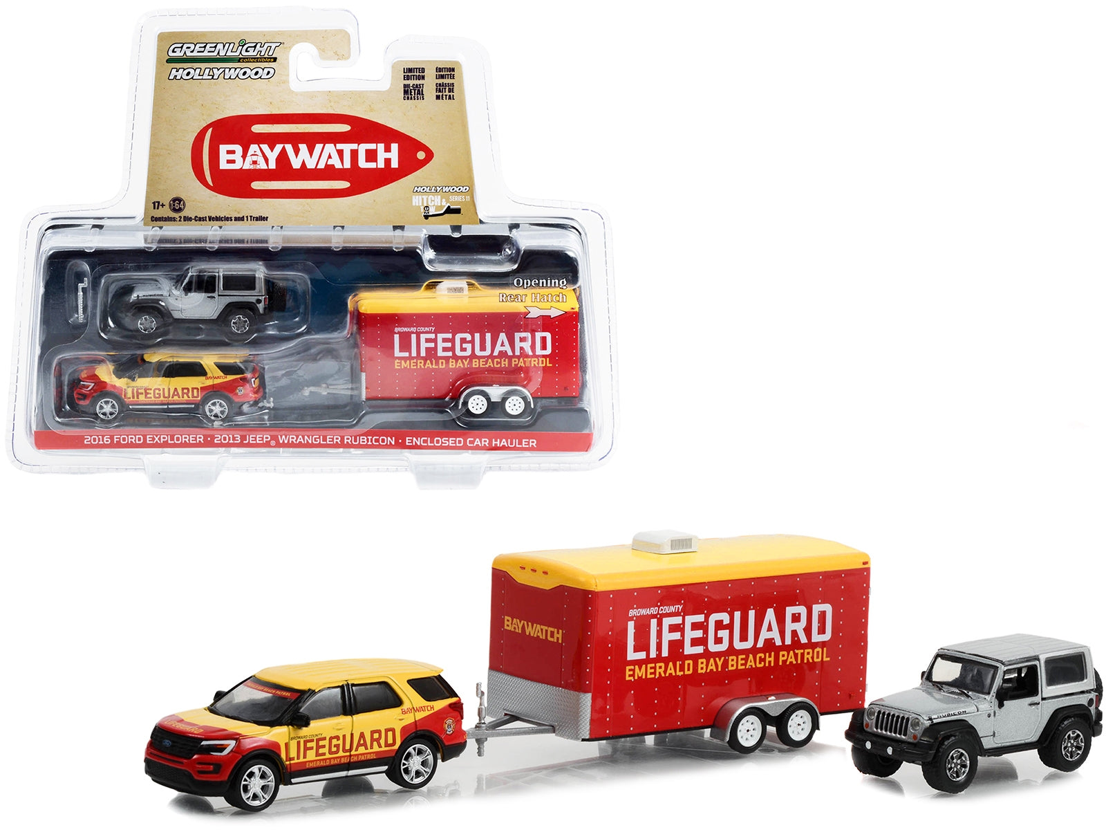 2016 Ford Explorer "Emerald Bay Beach Patrol Lifeguard" Yellow and Red with 2013 Jeep Wrangler Rubicon Gray and Enclosed Car Hauler "Baywatch" (2017) Movie "Hollywood Hitch & Tow" Series 11 1/64 Diecast Model Cars by Greenlight Greenlight