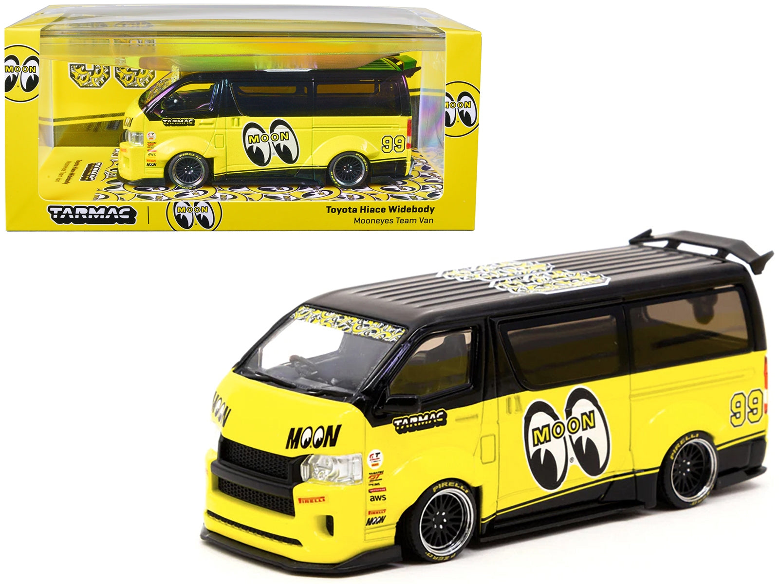 Toyota Hiace Widebody Van RHD (Right Hand Drive) #99 "Mooneyes Team Van" Yellow and Black with Graphics "Hobby43" 1/43 Diecast Model Car by Tarmac Works Tarmac Works