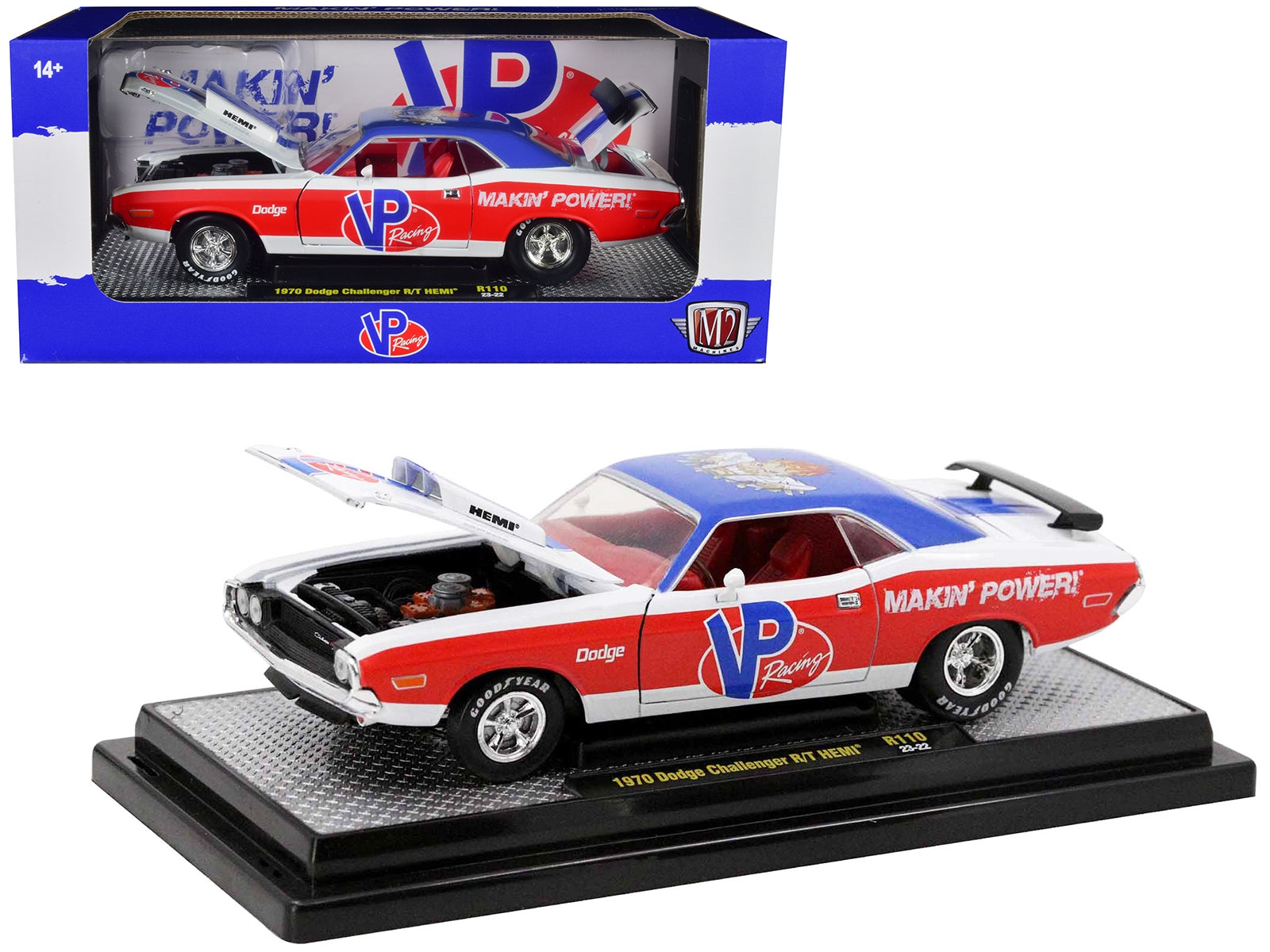 1970 Dodge Challenger R/T Hemi White with Red and Blue Stripes with Red Interior "VP Racing" Limited Edition to 5710 pieces Worldwide 1/24 Diecast Model Car by M2 Machines M2