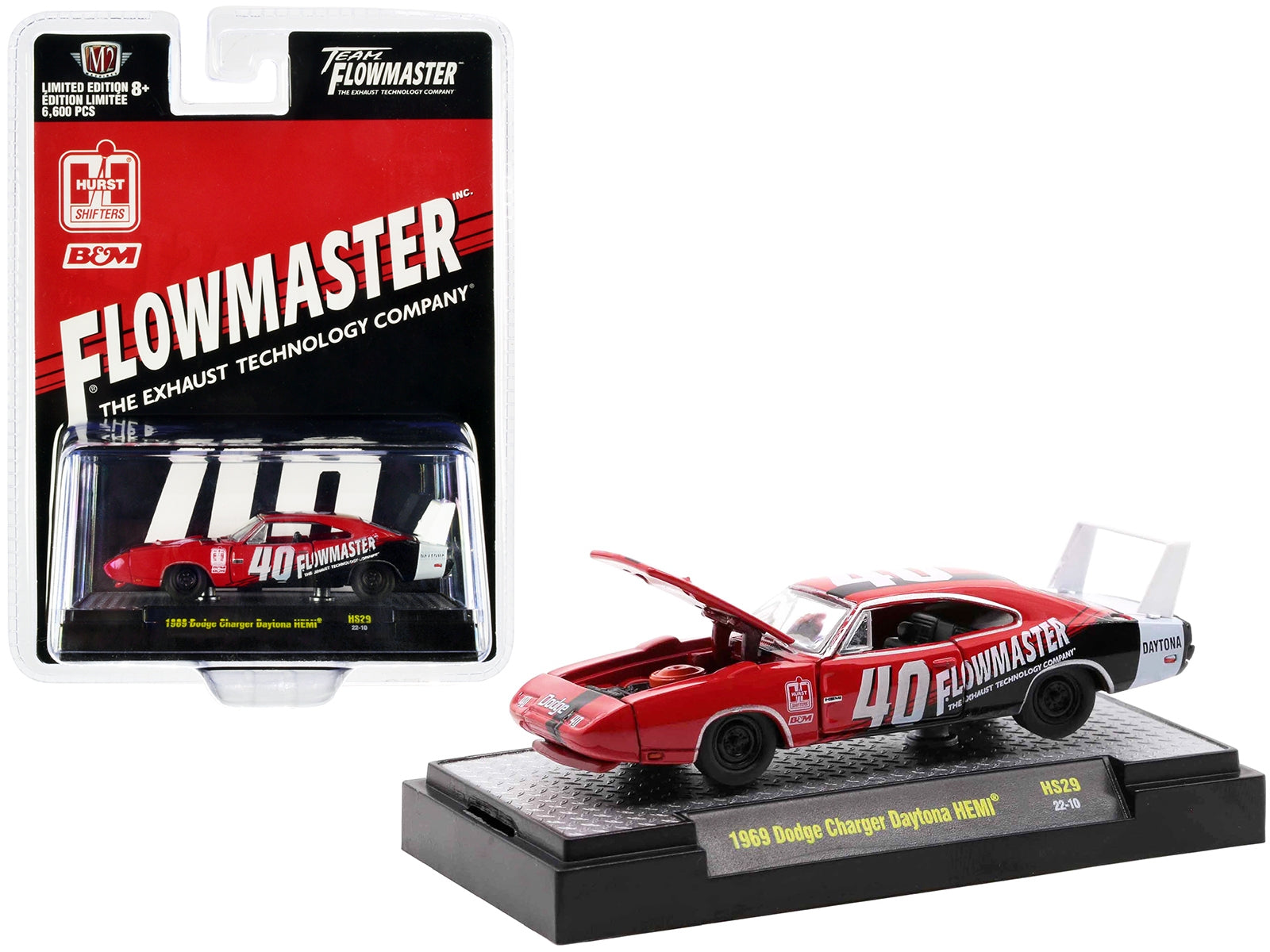 1969 Dodge Charger Daytona HEMI #40 Red with Graphics "Flowmaster" Limited Edition to 6600 pieces Worldwide 1/64 Diecast Model Car by M2 Machines M2