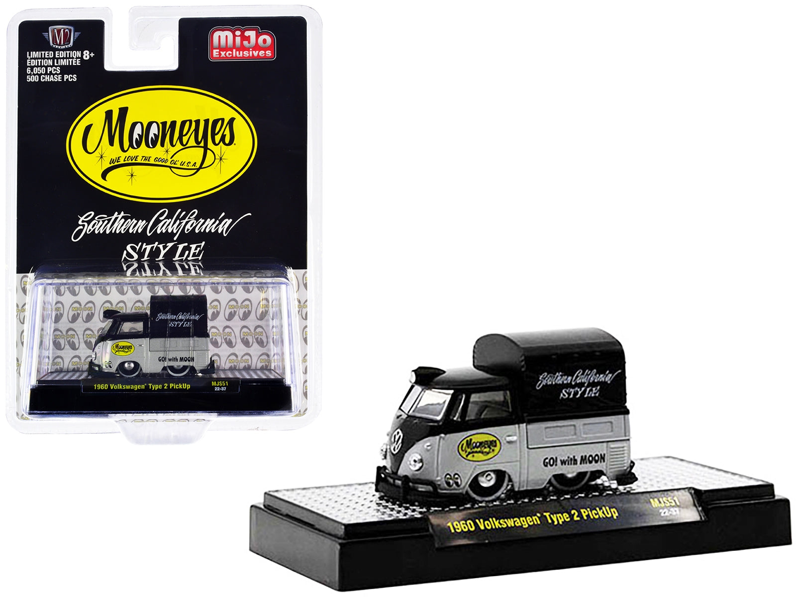 1960 Volkswagen Type 2 Pickup Truck with Canvas Cover "Mooneyes Southern California Style" Black and Gray Limited Edition to 6050 pieces Worldwide 1/64 Diecast Model Car by M2 Machines M2