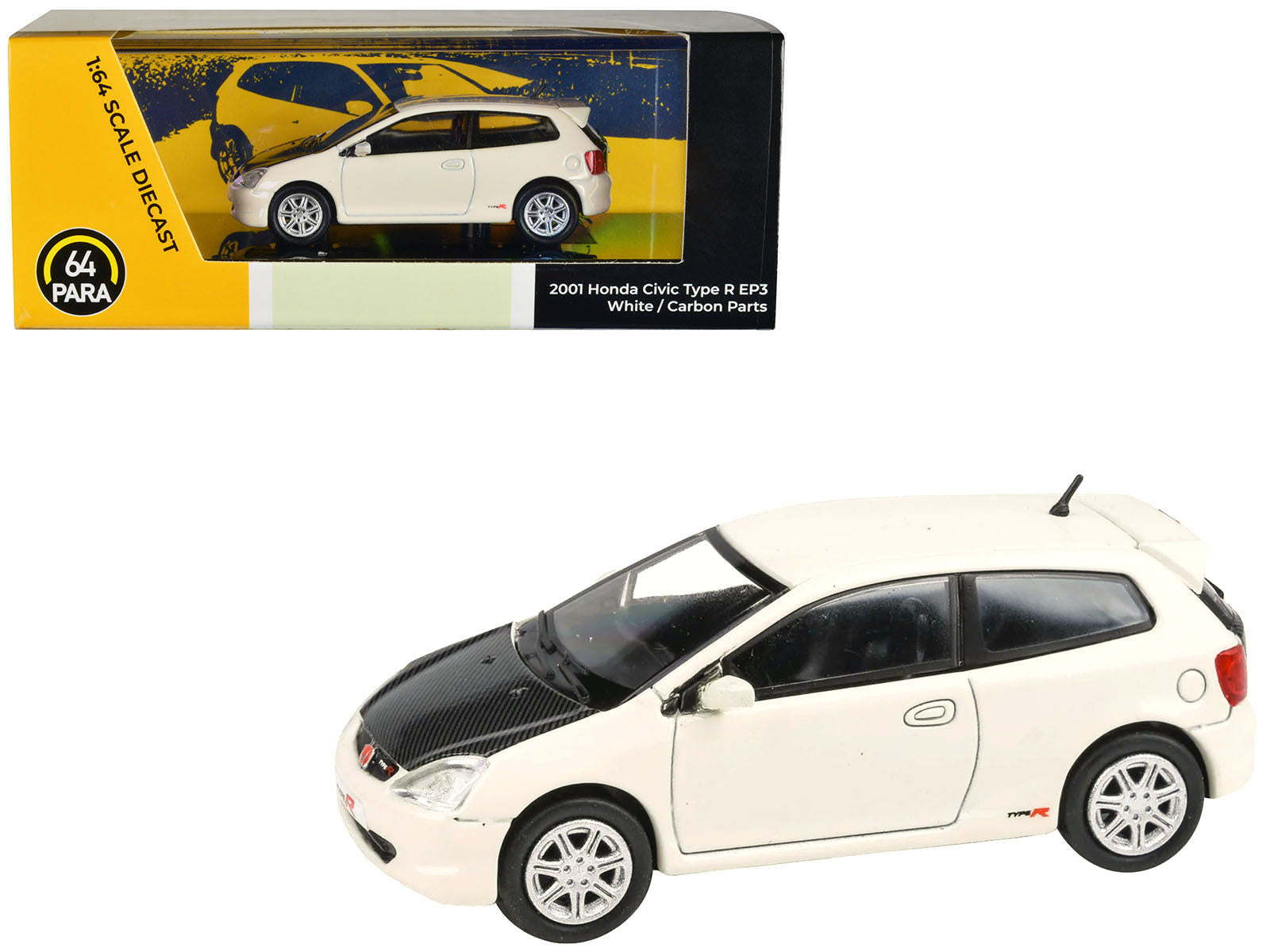 2001 Honda Civic Type R EP3 White with Carbon Hood 1/64 Diecast Model Car by Paragon Models Paragon