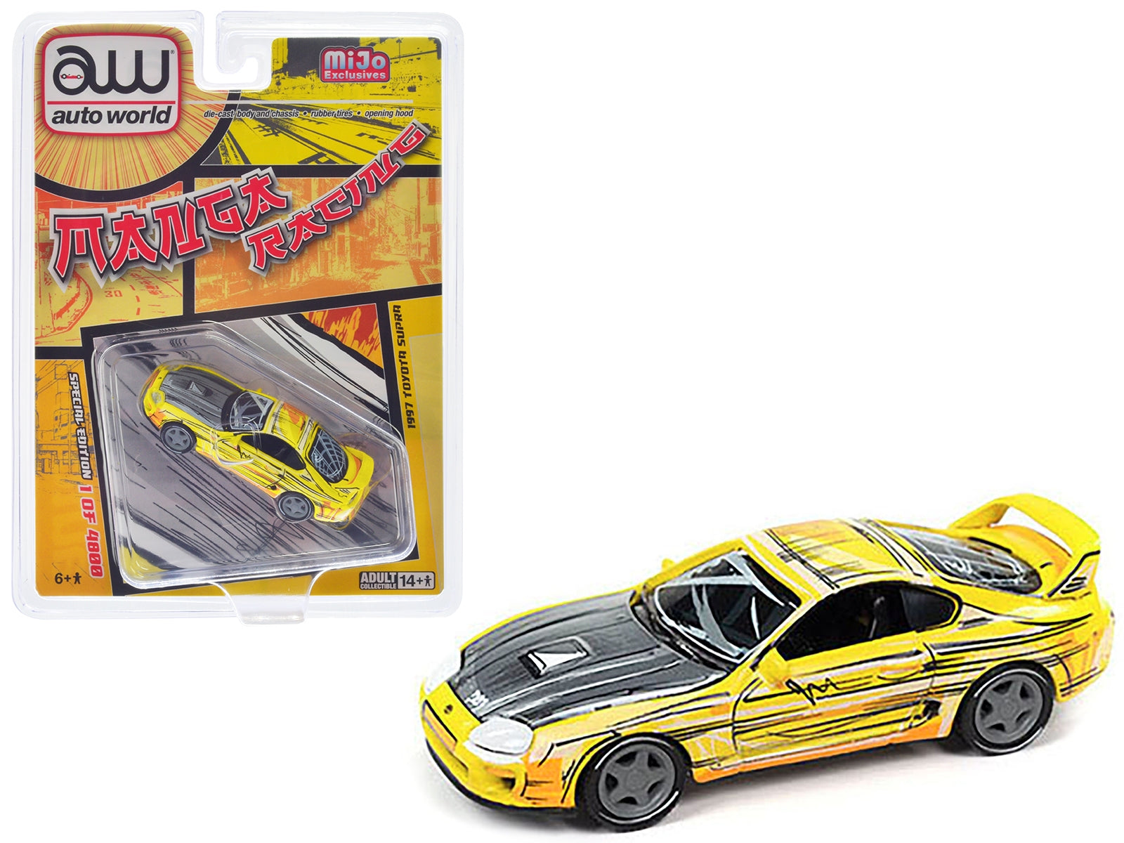 1997 Toyota Supra Yellow with Manga Art Style Graphics Limited Edition to 4800 pieces Worldwide "Manga Racing" Series 1/64 Diecast Model Car by Auto World Autoworld