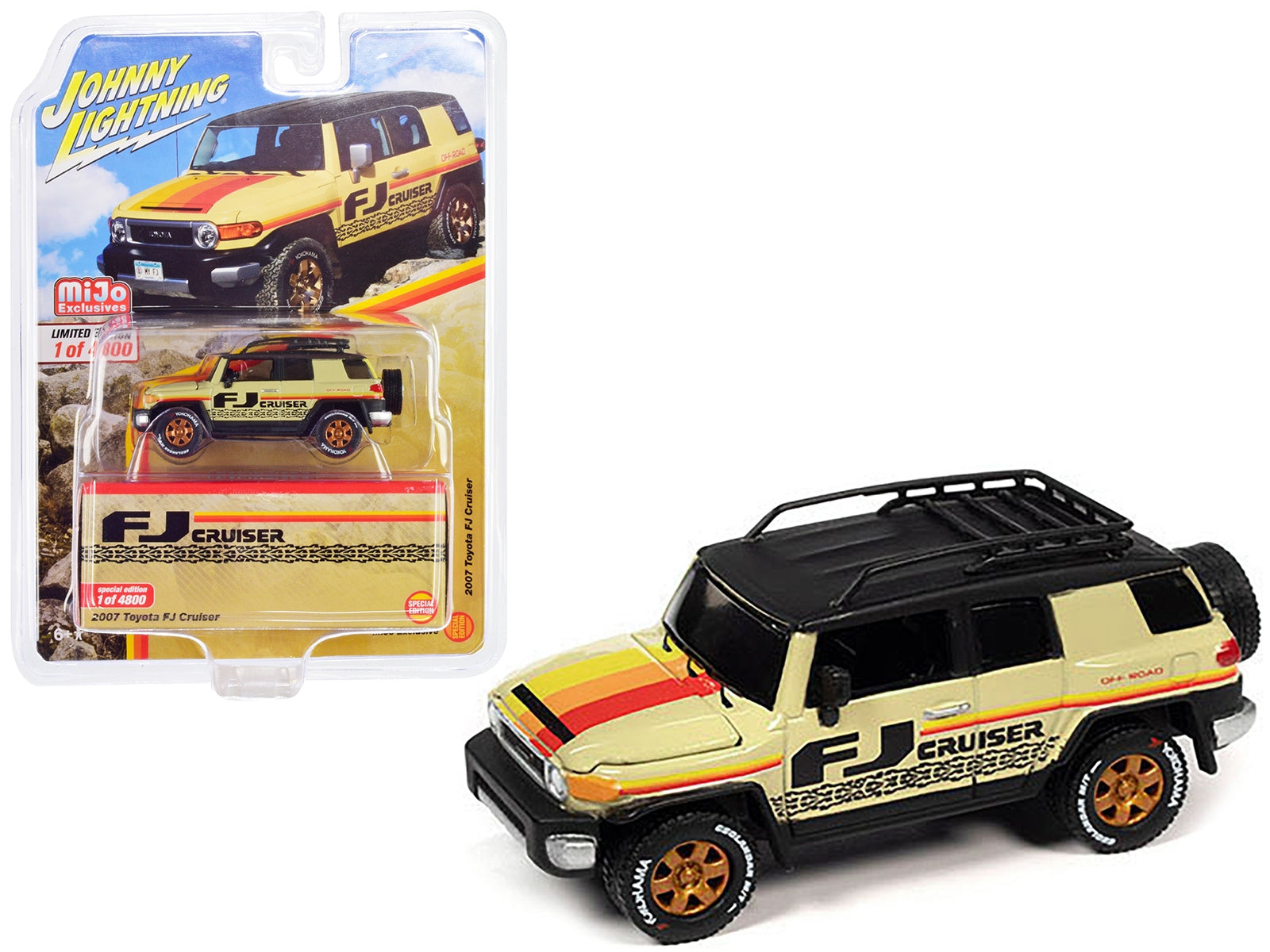 2007 Toyota FJ Cruiser Beige with Stripes and Black Top with Roofrack Limited Edition to 4800 pieces Worldwide 1/64 Diecast Model Car by Johnny Lightning Johnny Lightning