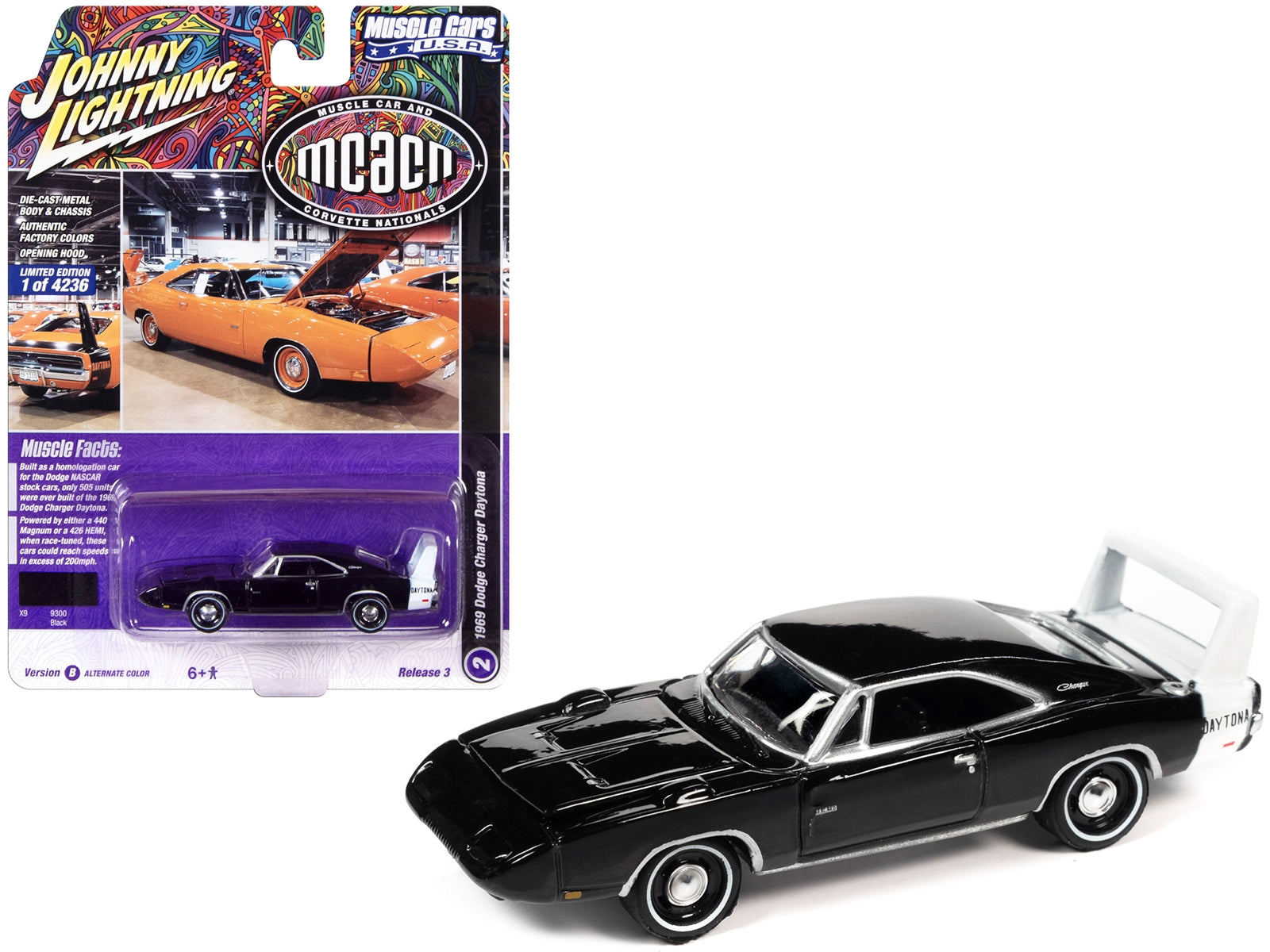 1969 Dodge Charger Daytona Black with White Tail Stripe "MCACN (Muscle Car and Corvette Nationals)" Limited Edition to 4236 pieces Worldwide "Muscle Cars USA" Series 1/64 Diecast Model Car by Johnny Lightning Johnny Lightning