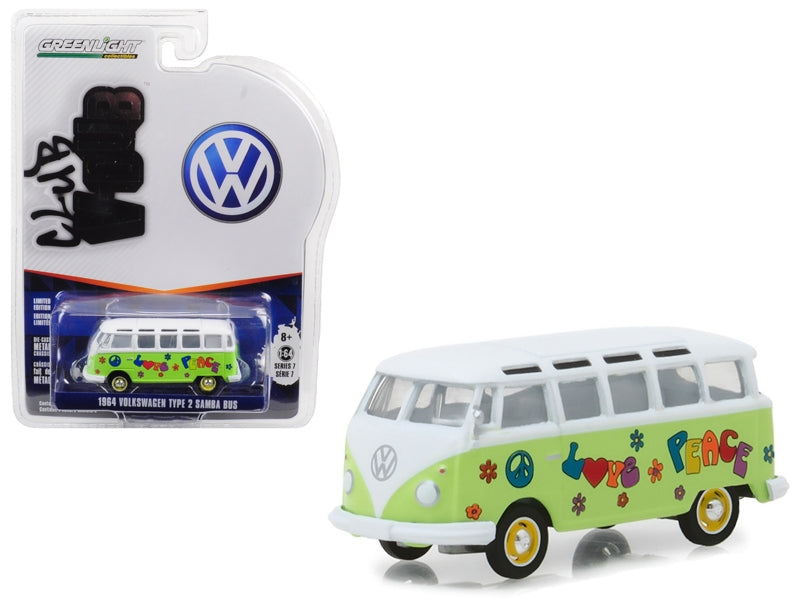 1964 Volkswagen Type 2 Samba Bus Hippie "Peace and Love" Light Green with Top Series 7 Club Vee Dub 1/64 Diecast Model Car by Greenlight Greenlight