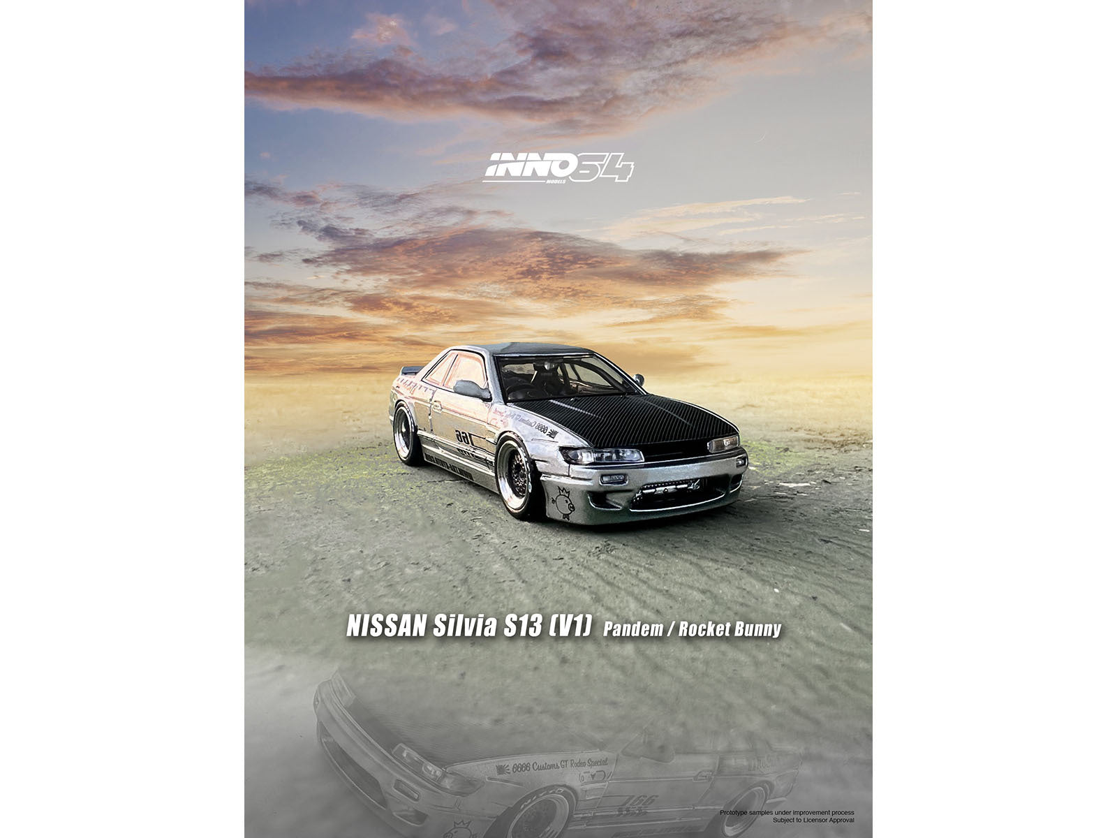 Nissan Silvia S13 (V1) RHD (Right Hand Drive) Silver Metallic with Carbon Hood "Pandem/Rocket Bunny" 1/64 Diecast Model Car by Inno Models Inno Models