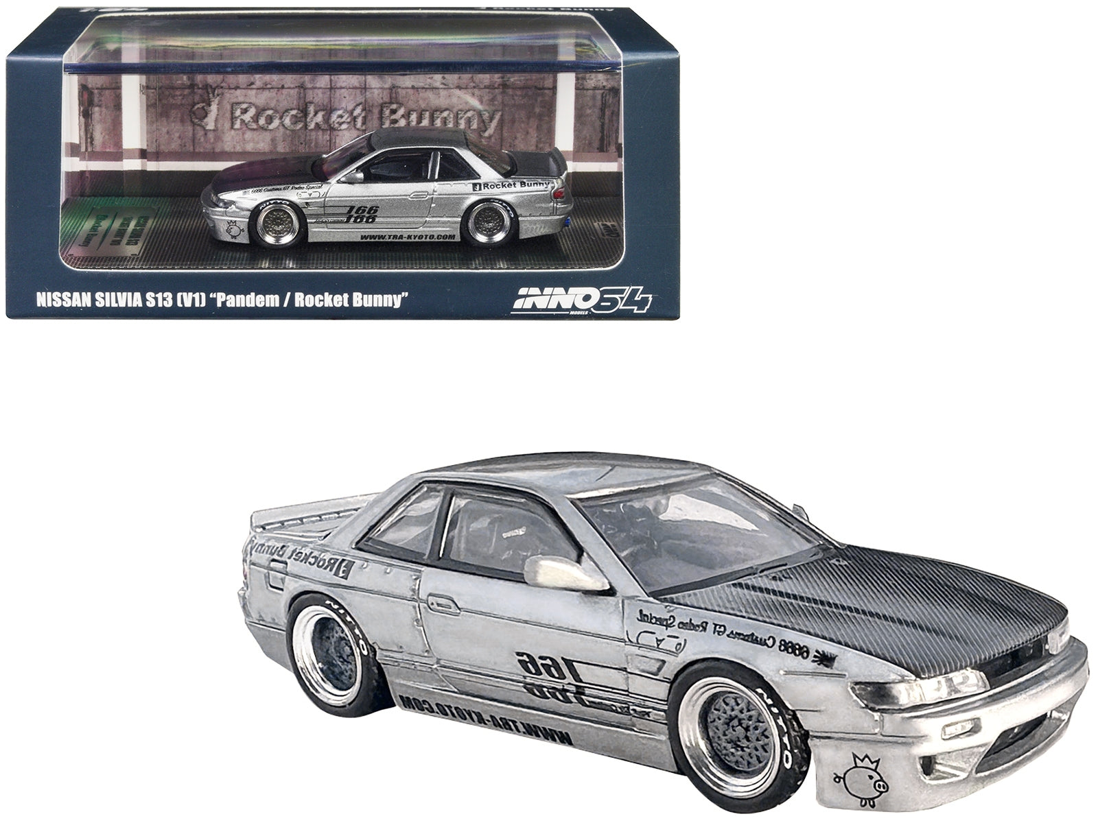 Nissan Silvia S13 (V1) RHD (Right Hand Drive) Silver Metallic with Carbon Hood "Pandem/Rocket Bunny" 1/64 Diecast Model Car by Inno Models Inno Models