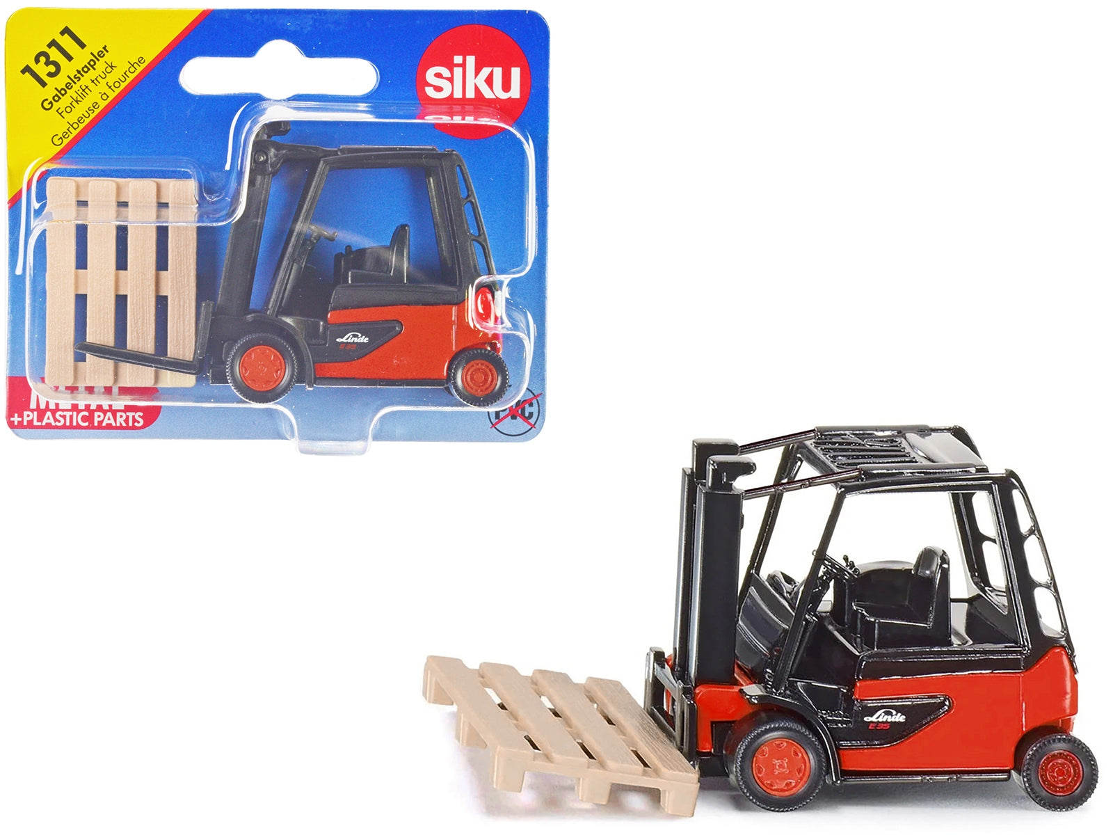 Linde E35 Forklift Truck Red with Black Top with Pallet Accessory Diecast Model by Siku SIKU