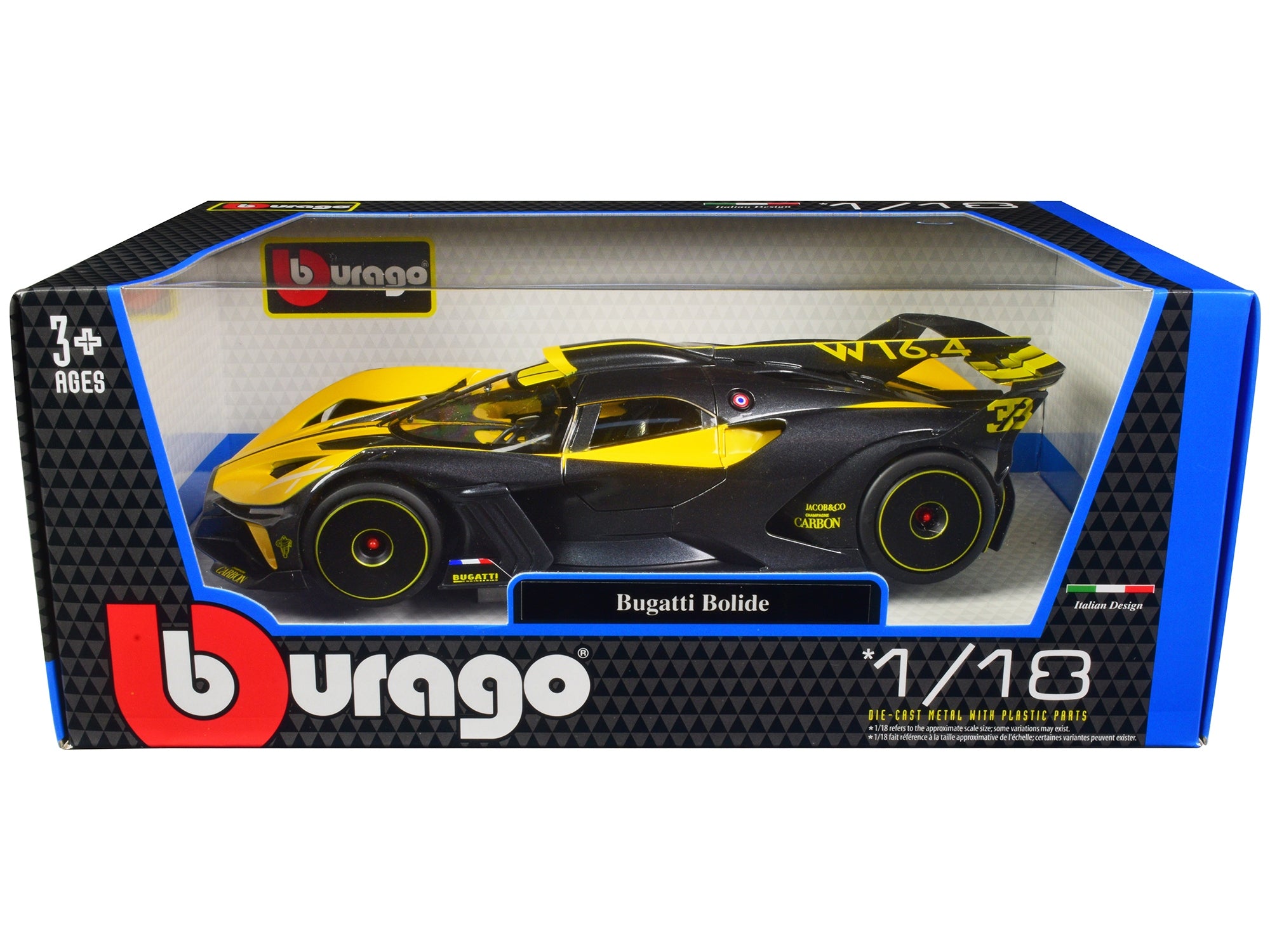 Bugatti Bolide Yellow and Carbon Gray 1/18 Diecast Model Car by Bburago Bburago