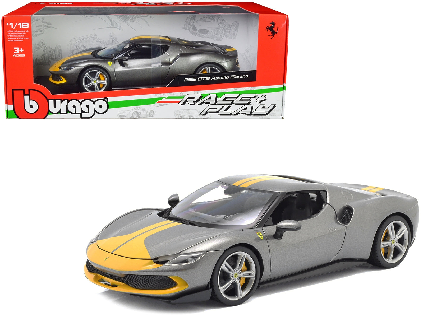 Ferrari 296 GTB Assetto Fiorano Gray Metallic with Yellow Stripes "Race + Play" Series 1/18 Diecast Model Car by Bburago Bburago