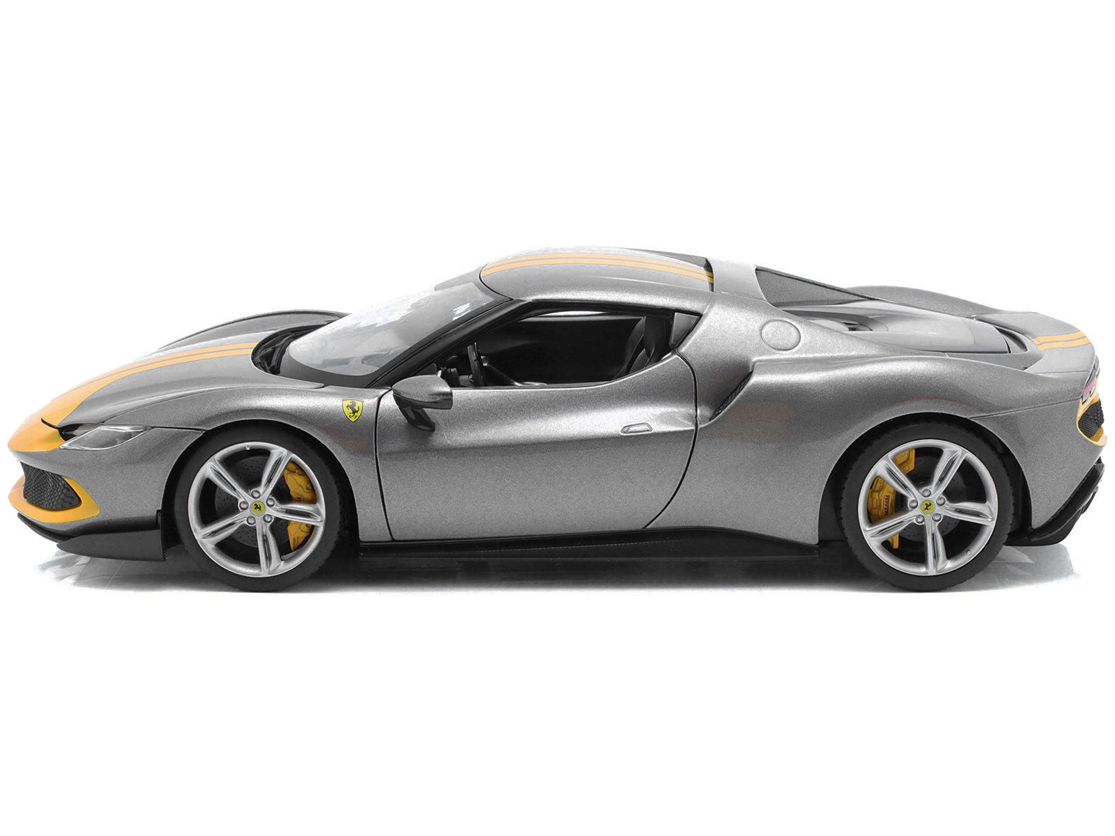 Ferrari 296 GTB Assetto Fiorano Gray Metallic with Yellow Stripes "Race + Play" Series 1/18 Diecast Model Car by Bburago Bburago