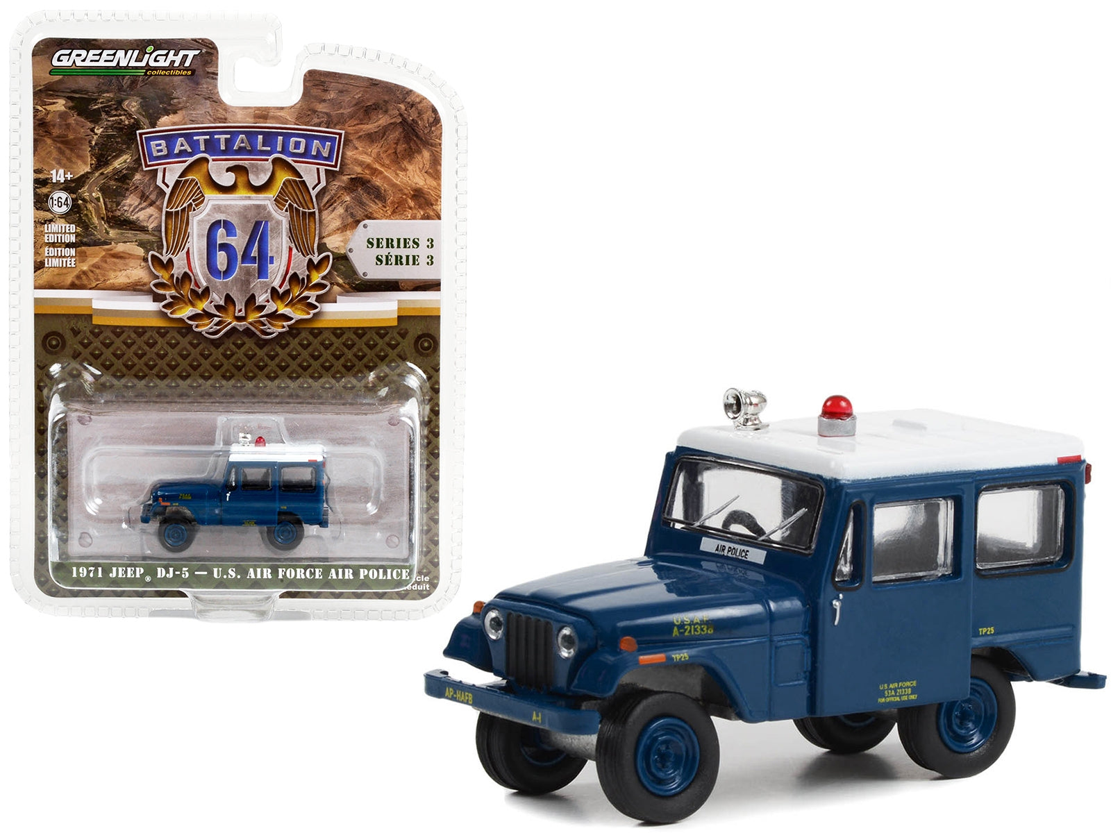 1971 Jeep DJ-5 "U.S. Air Force Air Police" Blue with White Top "Battalion 64" Series 3 1/64 Diecast Model Car by Greenlight Greenlight