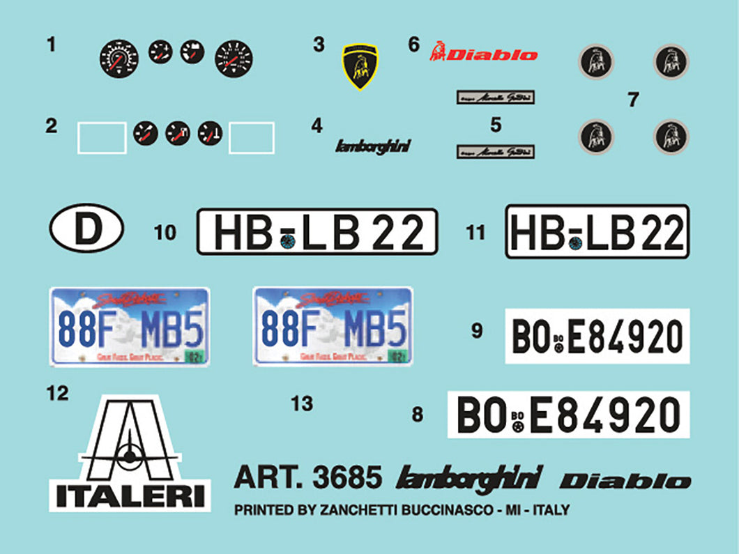 Skill 3 Model Kit Lamborghini Diablo 1/24 Scale Model by Italeri Italeri