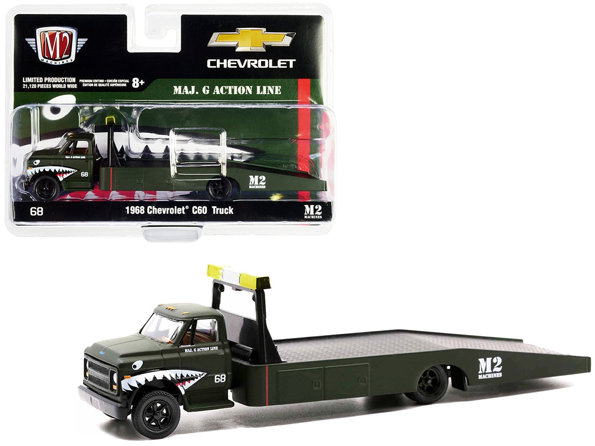 1968 Chevrolet C60 Flatbed Truck #68 Matt Dark Green with Graphics "Maj. G Action Line" Limited Edition to 21120 pieces Worldwide 1/64 Diecast Model by M2 Machines M2