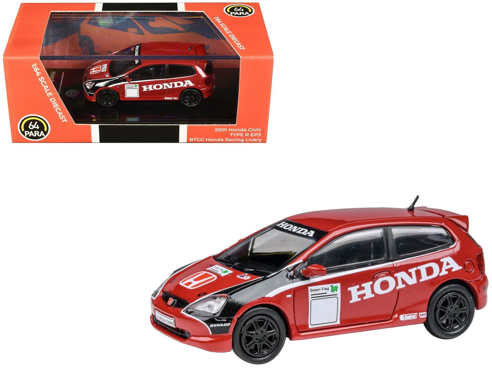 2001 Honda Civic Type R EP3 Red with Graphics "BTCC Honda Racing" 1/64 Diecast Model Car by Paragon Models Paragon