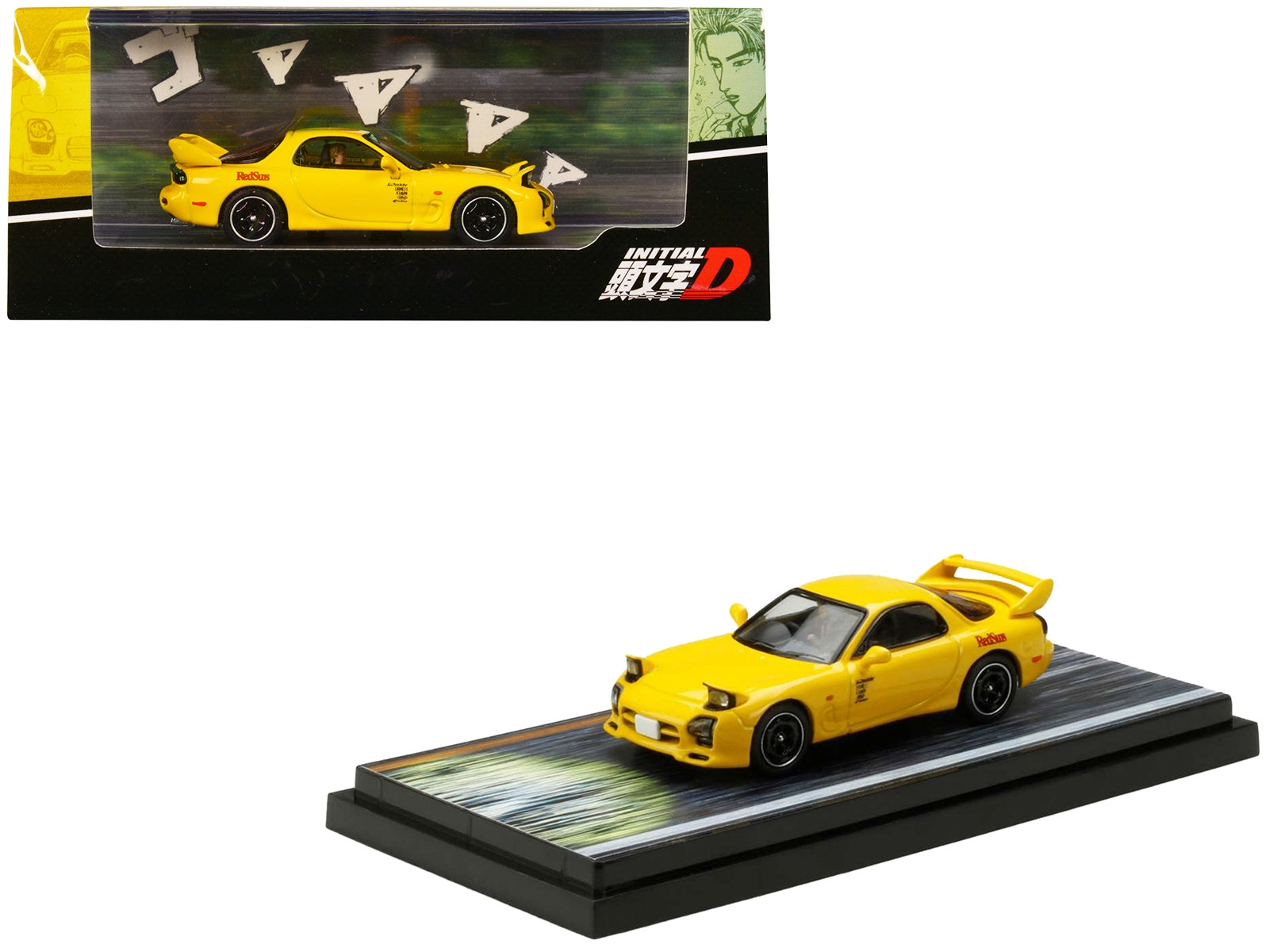 Mazda RX-7 (FD3S) RHD (Right Hand Drive) Yellow "RedSuns" with Keisuke Takahashi Driver Figure "Initial D" (1995-2013) Manga 1/64 Diecast Model Car by Hobby Japan Hobby Japan