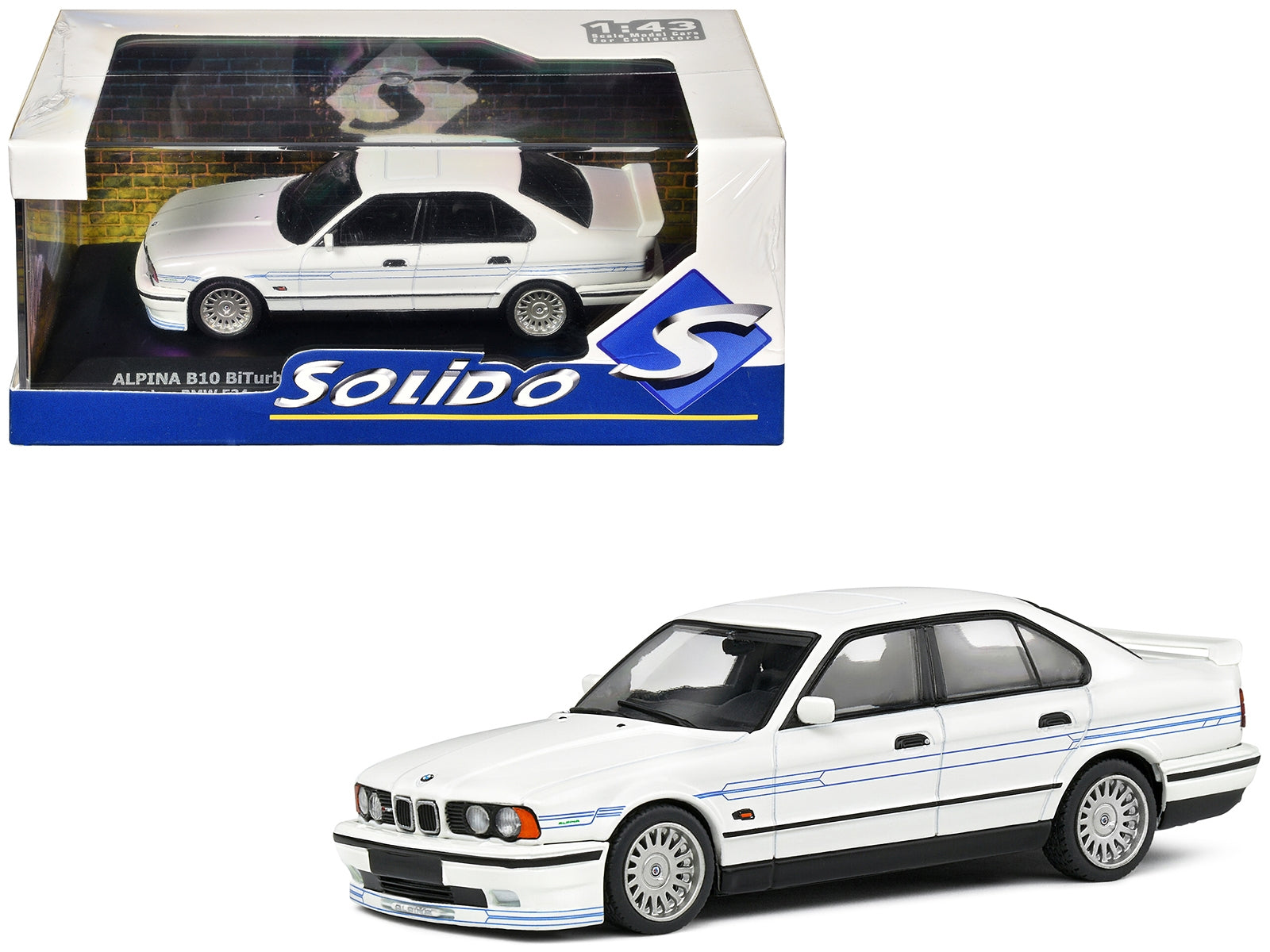 1994 BMW E34 Alpina B10 BiTurbo White with Blue Stripes 1/43 Diecast Model Car by Solido Solido