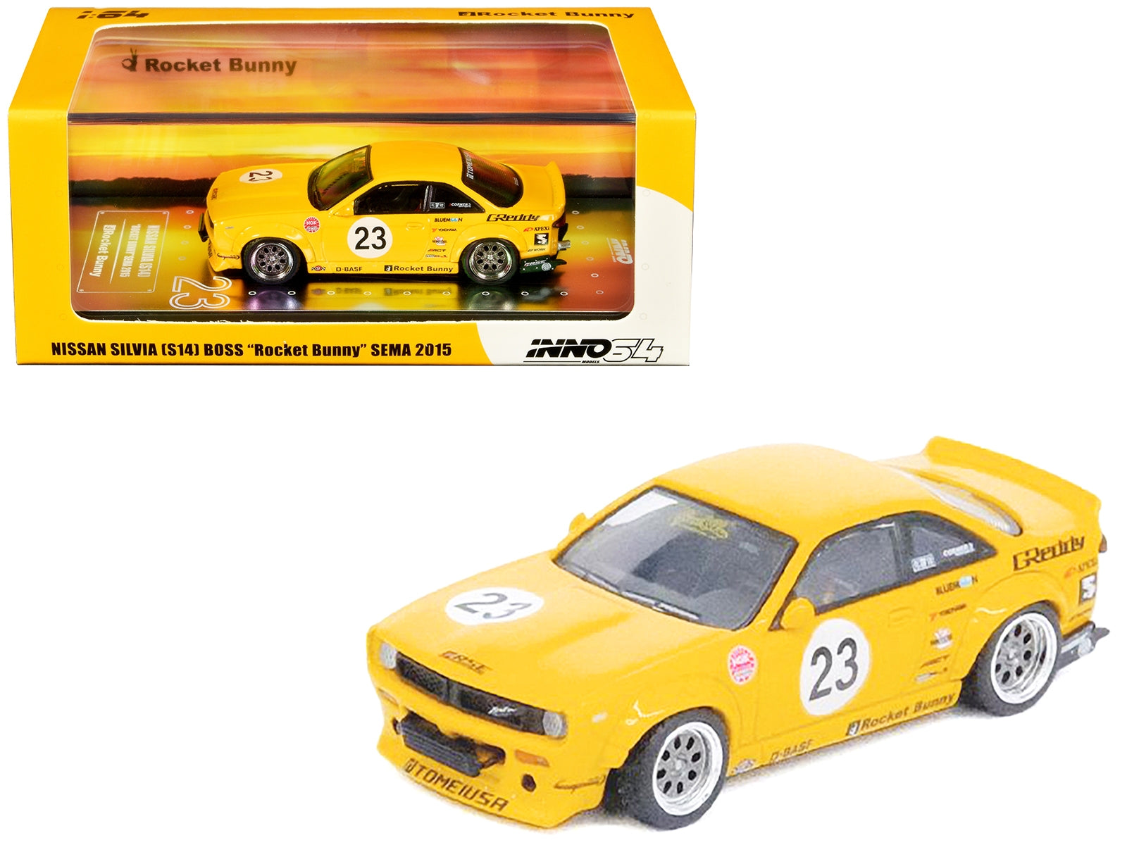 Nissan Silvia (S14) Boss RHD (Right Hand Drive) #23 Yellow "Rocket Bunny - SEMA (Specialty Equipment Market Association) Show 2015" 1/64 Diecast Model Car by Inno Models Inno Models