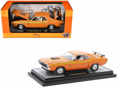 1970 Dodge Challenger R/T 440 Orange with Yellow Stripes and White Interior Limited Edition to 5250 pieces Worldwide 1/24 Diecast Model Car by M2 Machines M2