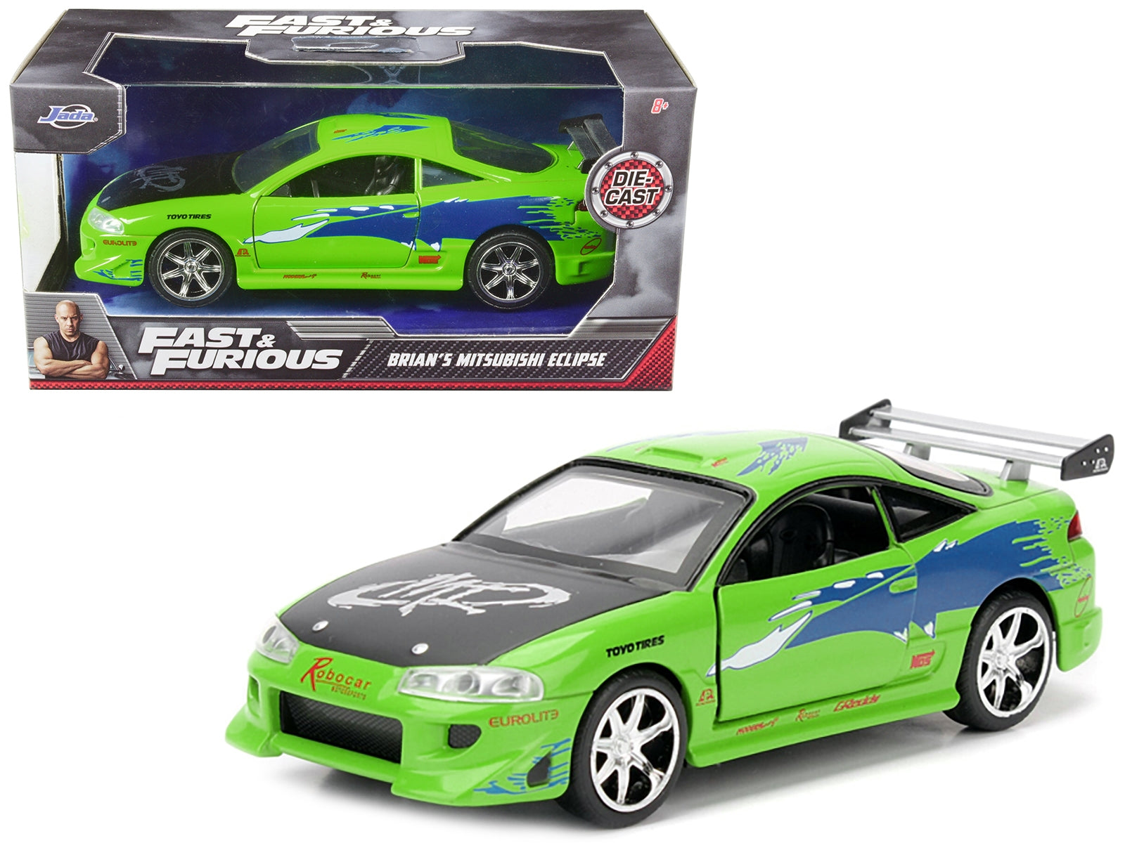 Brian's 1995 Mitsubishi Eclipse Green with Graphics "Fast & Furious" Movie 1/32 Diecast Model Car by Jada Jada